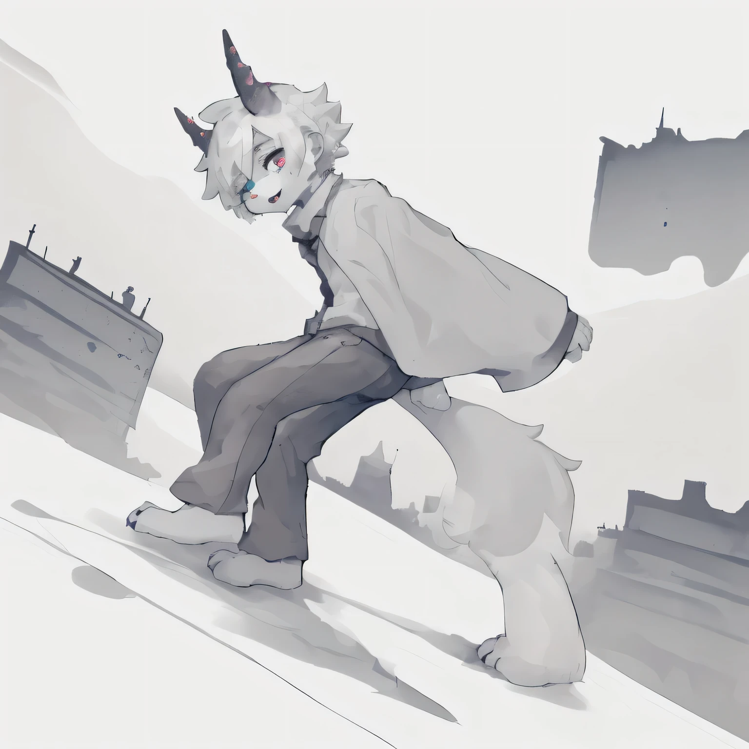 boy,One Boy,White fur boy,canid,personification,Horn with the left side missing,Furry,Hollow Eyes,Ruined City,Monochrome World,Detailed lines
