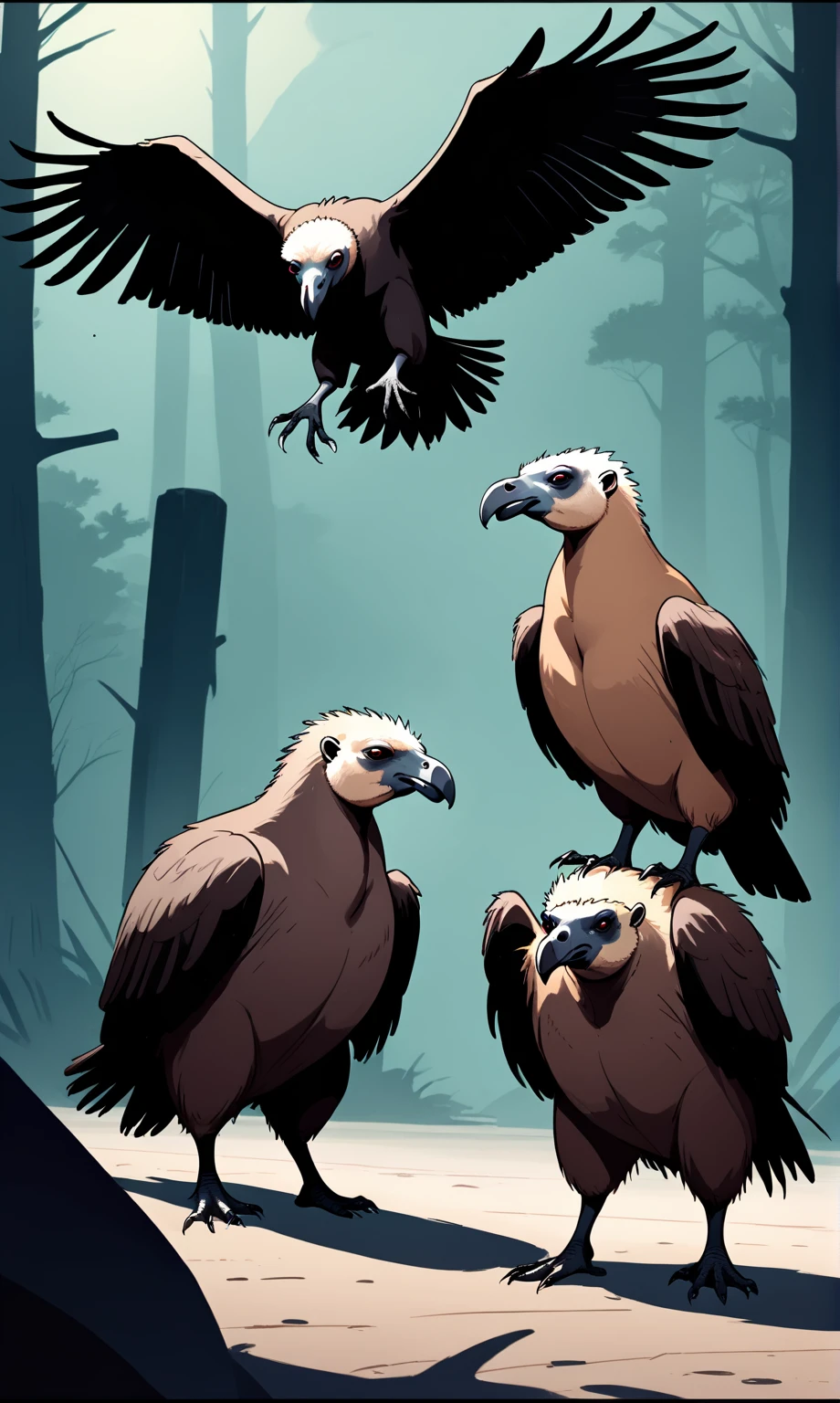 wordless, sketch, rich color grading, cel shading, webcomic, simple, minimal, capybara dancing a vile stanky boogie dance, (in background, lurking in shadows, ominous, sinister and insatiable predator bird duo (Black Vulture (Cathartidae), and Caracara (Falconidae) ) waiting), cinematic poster, strange, hyper maximal, hand drawn expressive ink, cel shading, inverse, negative coloring, rich color grading, darkness, abyss,