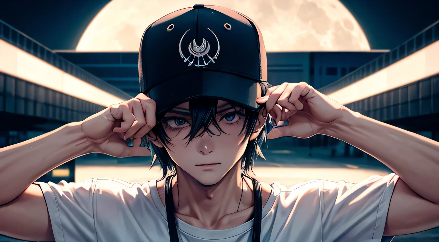 HIP-HOPファッション male He is wearing a plain baseball cap pulled down over his eyes. full moon skyscraper neon Detailed facial expression depiction Detailed depiction of clothing
