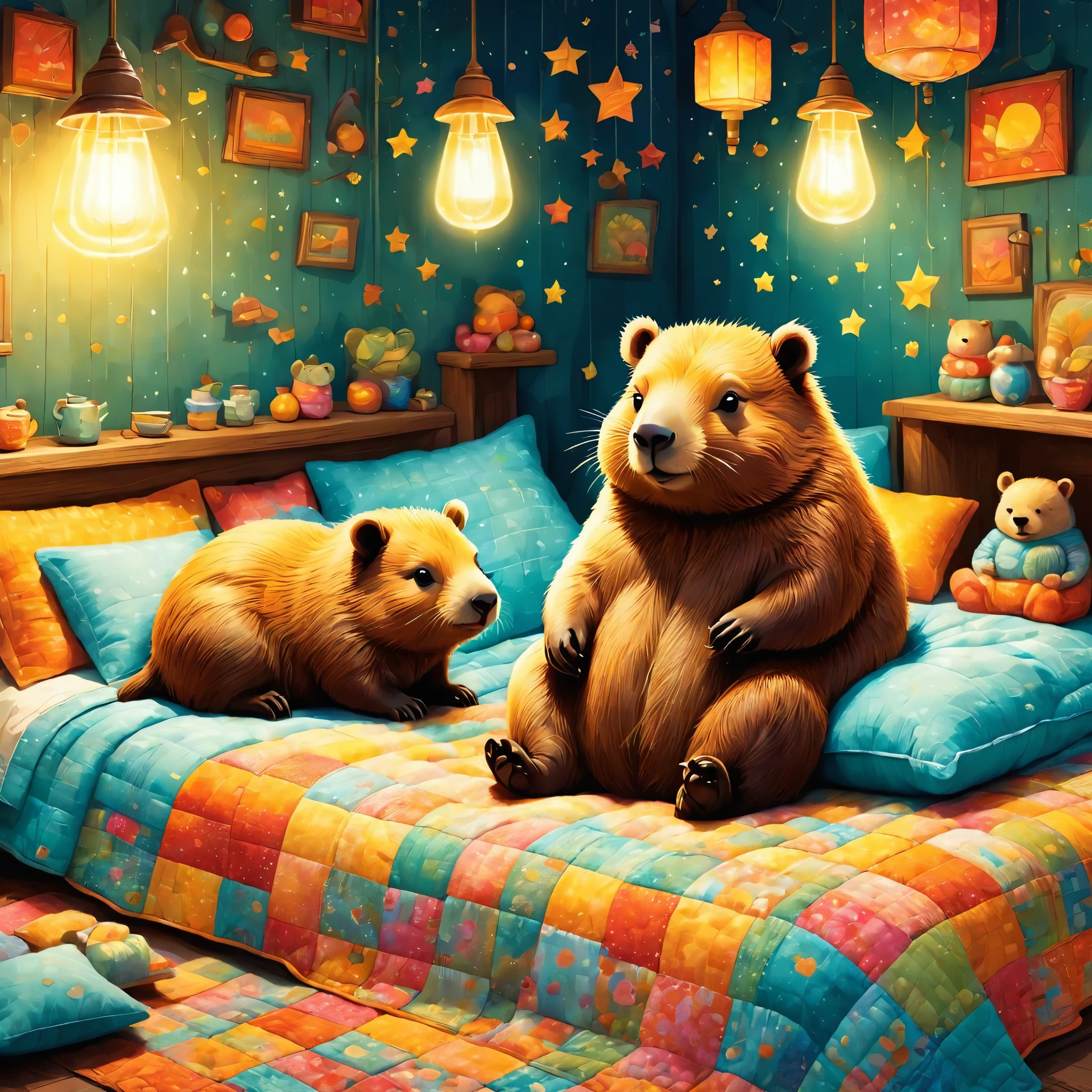 cuteAn illustrationカピバラの家,Capybara family:animal:hibernating:cute:Nestle:sleep:comfortable and warm:looks happy,An illustration,pop,colorfulに,draw with thick lines,color,dim,Lamp light,hibernatingのCapybara familyが眠っています:dream happy dreams,The house is warm and full of happiness,,colorful,Fancy,Fantasy,patchwork:quilt,detailed details,fluffy,Randolph Caldecott Style