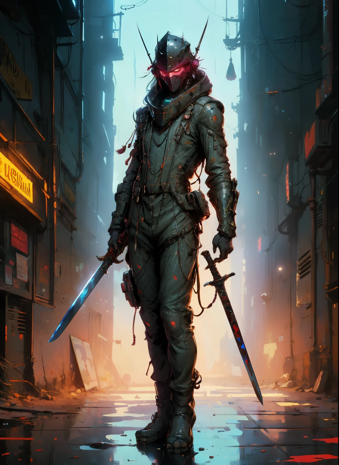 perfect proportions, anatomically correct, (head to toe: 2.0), (full body image: 2.0), solo, (Casshern: 1.6), extremely stylized, deviant art, masterpiece, highly detailed, detailed eyes, expressive detailed eyes, detailed pupils, futuristic, ((1950s scifi helmet)), ((pointy helmet)), Rubber Gloss, (flightsuit:1.4), big boots, entire body image, full body shot, nvinkpunk, professional photograph of alexander_skarsgard, tassles, large beads, (large tassels), cyberpunk, inkpunk, paint platter, ink splatter, (action pose:1.0), ((holding a sword))