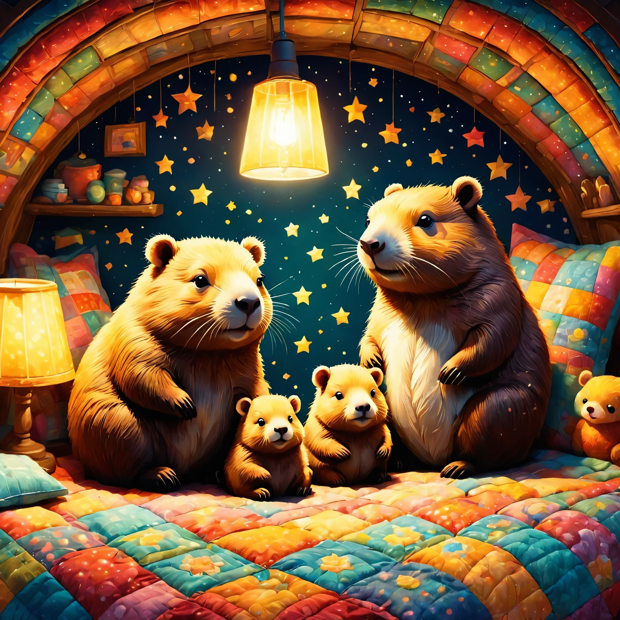 cuteAn illustrationカピバラの家,Capybara family:animal:hibernating:cute:Nestle:sleep:comfortable and warm:looks happy,An illustration,pop,colorfulに,draw with thick lines,color,dim,Lamp light,hibernatingのCapybara familyが眠っています:dream happy dreams,The house is warm and full of happiness,,colorful,Fancy,Fantasy,patchwork:quilt,detailed details,fluffy,Randolph Caldecott Style