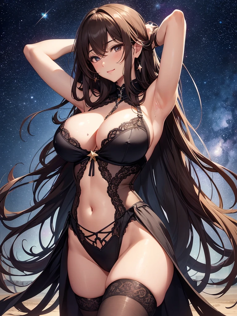 Beautiful woman held captive by long chains、Femme fatale、Mine Fujiko、elegant、Beautiful eyes、Erotic atmosphere、Beautiful black underwear、 cowboy shot,Front symmetry、、flower、brown hair、sexy、Sweat、A friendly smile、Jail、Fantastic Light、Mysterious Light、Rembrandt Light Magical Gentle Light 、starrynight,Full body stockings black、translate bodystocking,Big Breasts、(Big breasts bust 150!)(Strengthen your chest)、Detailed groin pantyhose、、Raise your arms and fold them behind your head、Starry Sky、beautifulstarrynightnight view、Beautiful decoration、舞い散るflowerびら、ART、UHD、highest quality、masterpiece、