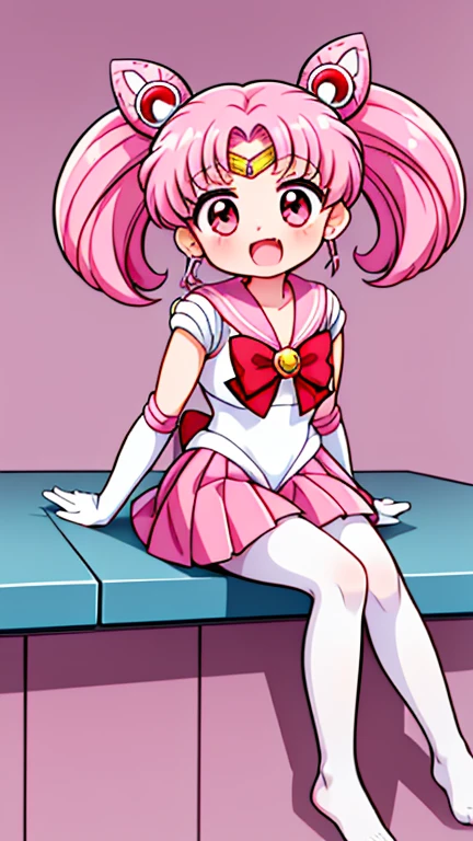 Sailor Moon,young年,Seven years old,cute,(Little Loli),Pink hair twintails,short hair,Sailor Suit,Red bow,White elbow gloves,Red Skirt,No shoes,Open your mouth,laughing out loud,Fangs,(White pantyhose),Sole,Soles,(young),(little man),sit