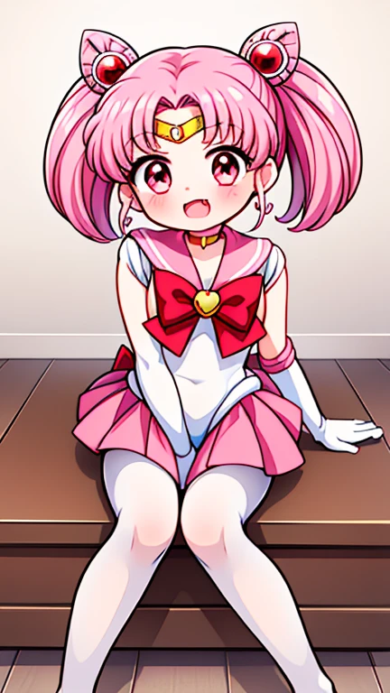 Sailor Moon,young年,Seven years old,cute,(Little Loli),Pink hair twintails,short hair,Sailor Suit,Red bow,White elbow gloves,Red Skirt,No shoes,Open your mouth,laughing out loud,Fangs,(White pantyhose),Sole,Soles,(young),(little man),sit