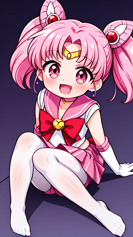 Sailor Moon，young年，Seven years old，cute，（Little Loli），Pink hair twintails，short hair，Sailor Suit，Red bow，White elbow gloves，Red Skirt，No shoes，Open your mouth，laughing out loud，Fangs，(White pantyhose),Sole，Soles，(young)，(little man)，sit