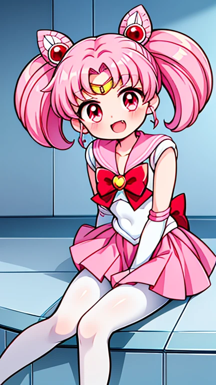 Sailor Moon，young年，Seven years old，cute，（Little ****），Pink hair twintails，short hair，Sailor Suit，Red bow，White elbow gloves，Red Skirt，No shoes，Open your mouth，laughing out loud，Fangs，(White pantyhose),Sole，Soles，(young)，(little man)，sit