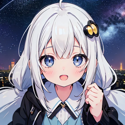  Gray Hair, Blue eyes, long hair, bangs, blush,  bright, smile, Starry Sky, Street, hair accessory, , 12 years ed, Droopy eyes, dress, Strong lighting, Black jacket, Selfie, Close-up on face, Open your mouth, 