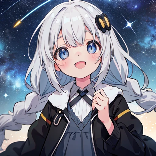  Gray Hair, Blue eyes, long hair, bangs, blush,  bright, smile, Starry Sky, Street, hair accessory, Baby Face, 12 years old, Enchanted, Droopy eyes, dress, Strong lighting, Black jacket, Selfie, Close-up on face, Open your mouth, 