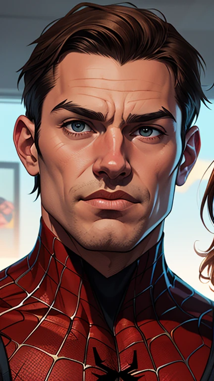 Spiderman Potter Parker 90s portrait mode together the 3 characters Cartoon style digital illustration together lovers Cartoon style character portrait mode 