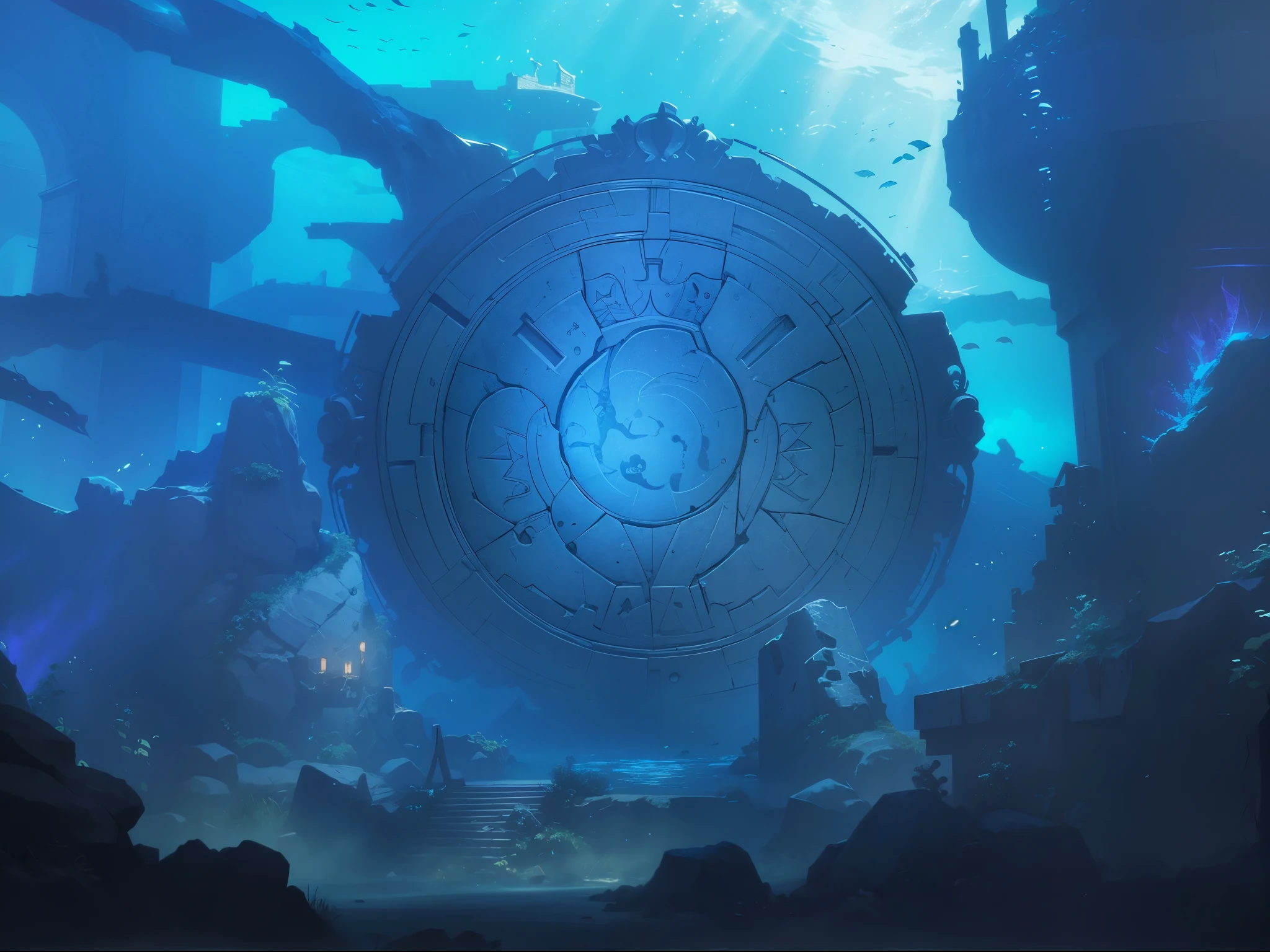 A ruin on the sea floor,There is a large sacrificial disc in the ruins.,Gloomy environment,Surrounded by some aquatic plants ,Darker prospects,magic style,League of Legends design style,High quality details,octane render,8K
