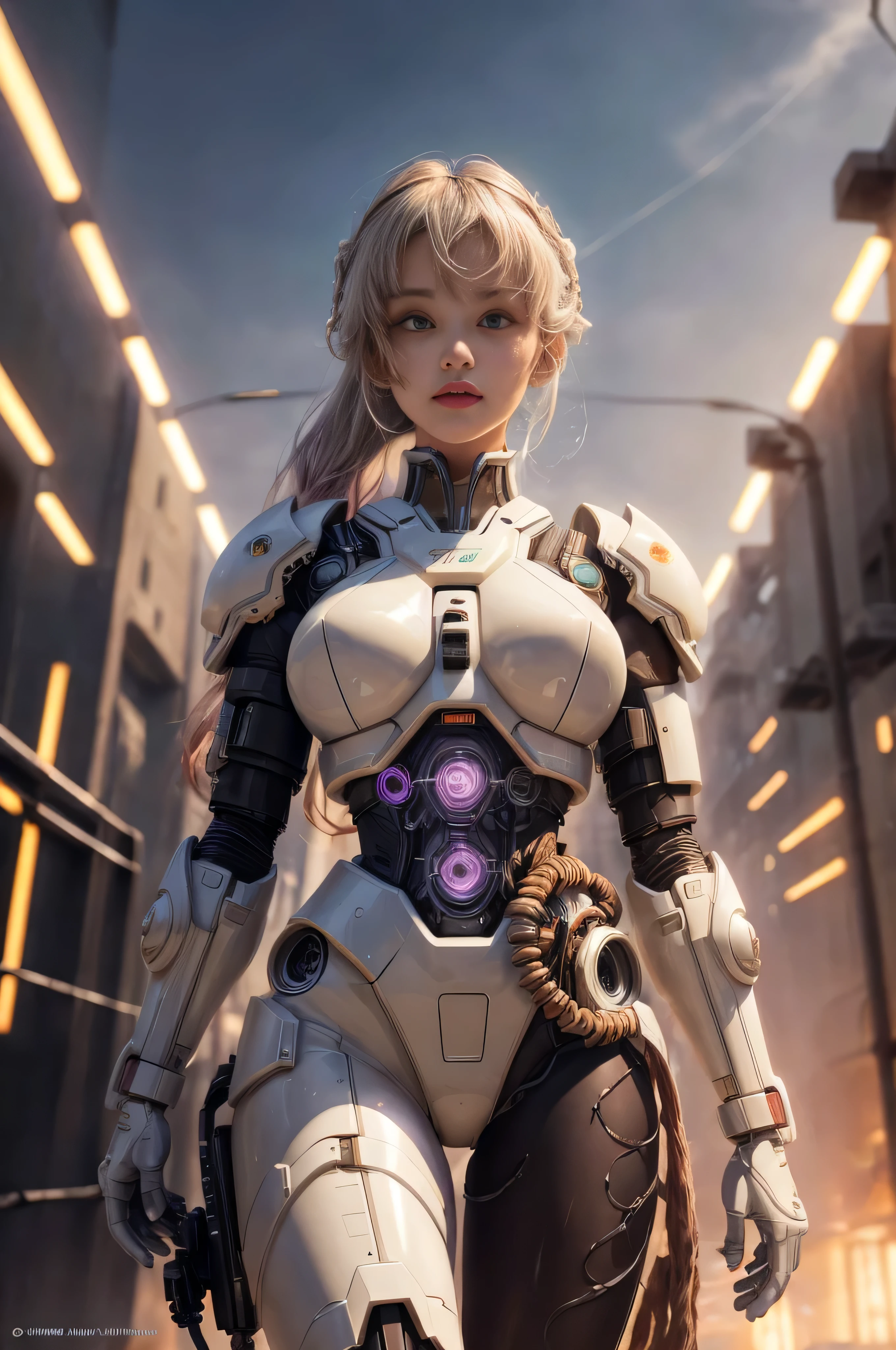 1mechanical_girl_with_kidou_keisatsu_patlabor_body , wearing_intricate_bioluminescent_mechanical_cyborg_armor_made_out_of ((white_beige_old_plastic)) , ((ultra realistic details)), detailed_face, global_illumination, shadows, octane_render, 8k, ultra_sharp, metal, ornaments_detailed, cold_colors, egypician_detail, highly_intricate_details, realistic_light, trending_on_cgsociety, glowing_eyes, look down on someone, ((from below)), lifted by self, looking at viewer, neon_details, machanical_limbs, blood_vessels_connected_to_tubes, ((lot_wires_and_cables_connecting_to_head_and_body)), killing_machine, extremely_sexy, lustful, medium breasts, slutty , official wallpaper, NSFW, In the style of Neon Genesis Evangelion, you find yourself standing on a desolate, post - apocalyptic wasteland, as the distant ruins of a massive city loom on the horizon. The sky is filled with ominous clouds, as a massive creature towers in the distance, cinematic light, dramatic light, pink + violet