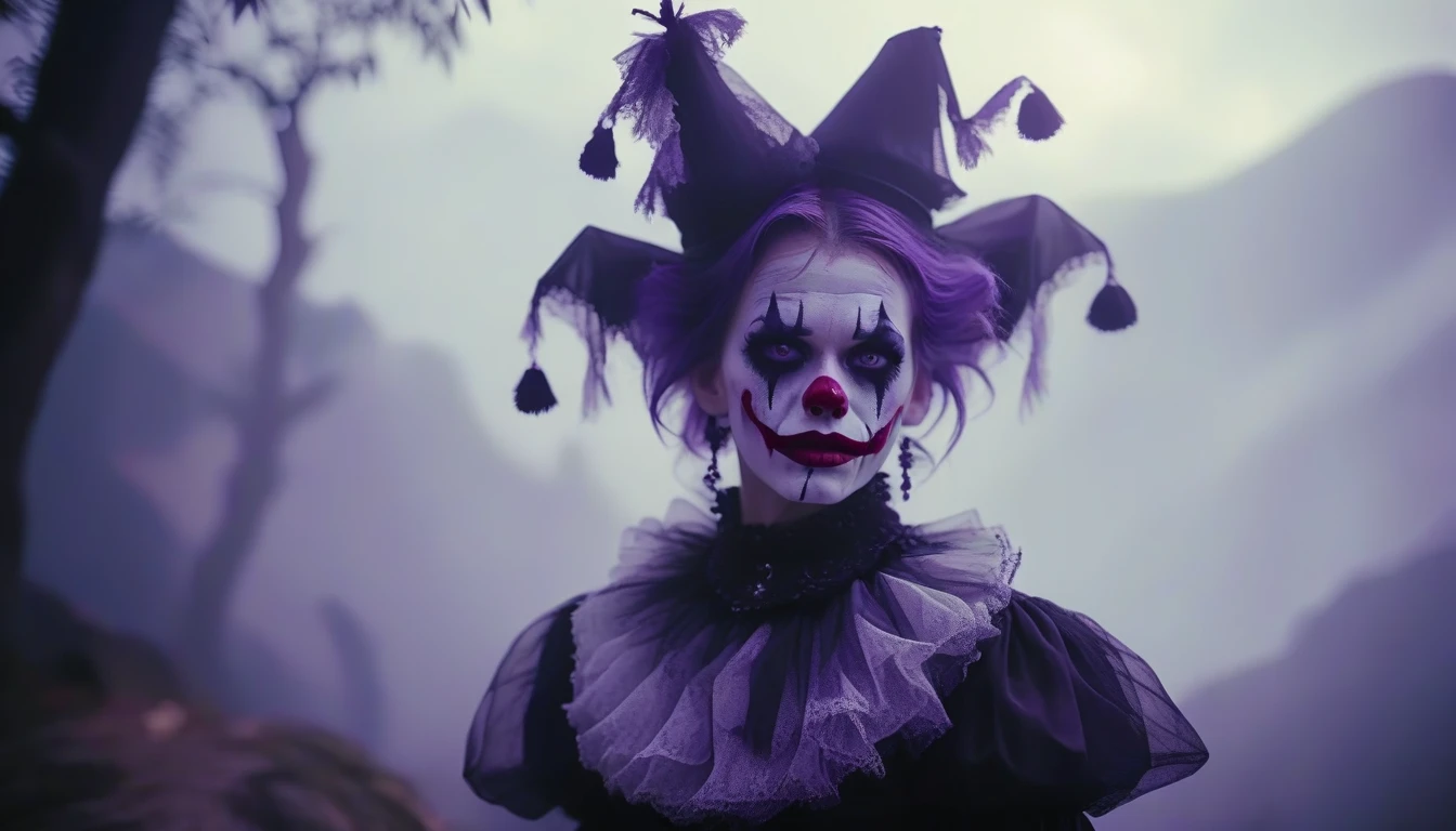 A place with a morbid look that resembles a funeral, (foggy:1.2), silhouetted in soft shadow (closeup face photograph:1.2) (Purple Mountain Majesty clown outfit:1.3) (beautiful supermodel:1.1) hands behind her back, Mouth opened grotesquely wide with long sharp teeth, and crazy eyes, detailed background bokeh