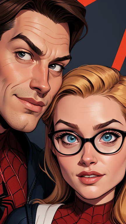 Spiderman Potter Parker 90s portrait mode together the 3 characters Cartoon style digital illustration together lovers Cartoon style character portrait mode 