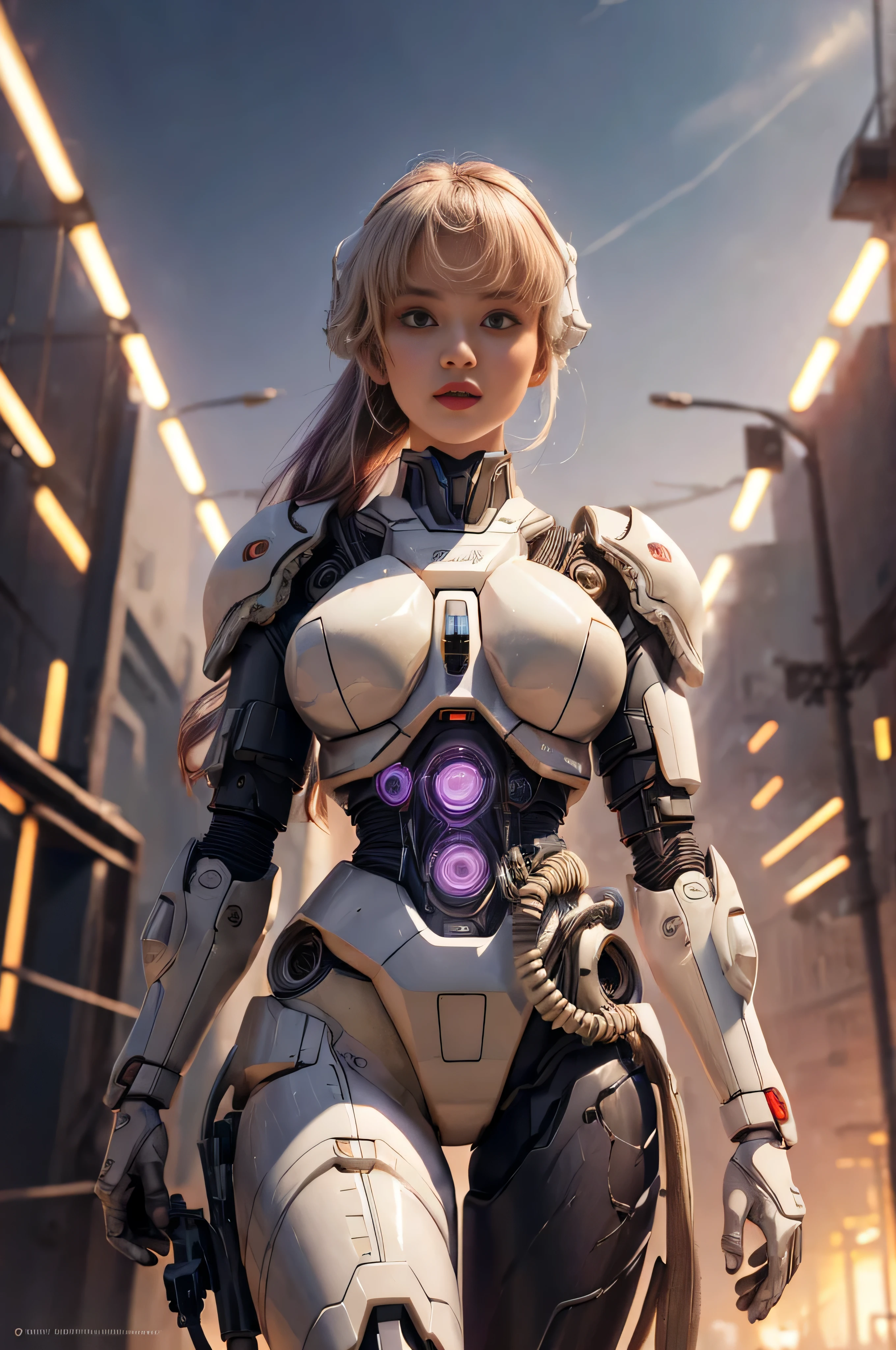 1mechanical_girl_with_kidou_keisatsu_patlabor_body , wearing_intricate_bioluminescent_mechanical_cyborg_armor_made_out_of ((white_beige_old_plastic)) , ((ultra realistic details)), detailed_face, global_illumination, shadows, octane_render, 8k, ultra_sharp, metal, ornaments_detailed, cold_colors, egypician_detail, highly_intricate_details, realistic_light, trending_on_cgsociety, glowing_eyes, look down on someone, ((from below)), lifted by self, looking at viewer, neon_details, machanical_limbs, blood_vessels_connected_to_tubes, ((lot_wires_and_cables_connecting_to_head_and_body)), killing_machine, extremely_sexy, lustful, medium breasts, slutty , official wallpaper, NSFW, In the style of Neon Genesis Evangelion, you find yourself standing on a desolate, post - apocalyptic wasteland, as the distant ruins of a massive city loom on the horizon. The sky is filled with ominous clouds, as a massive creature towers in the distance, cinematic light, dramatic light, pink + violet