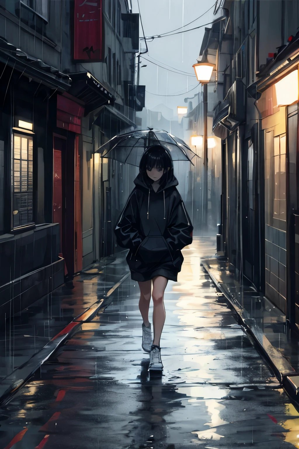 Girl with a hoodie, Walking in the Rain, Dim Lights