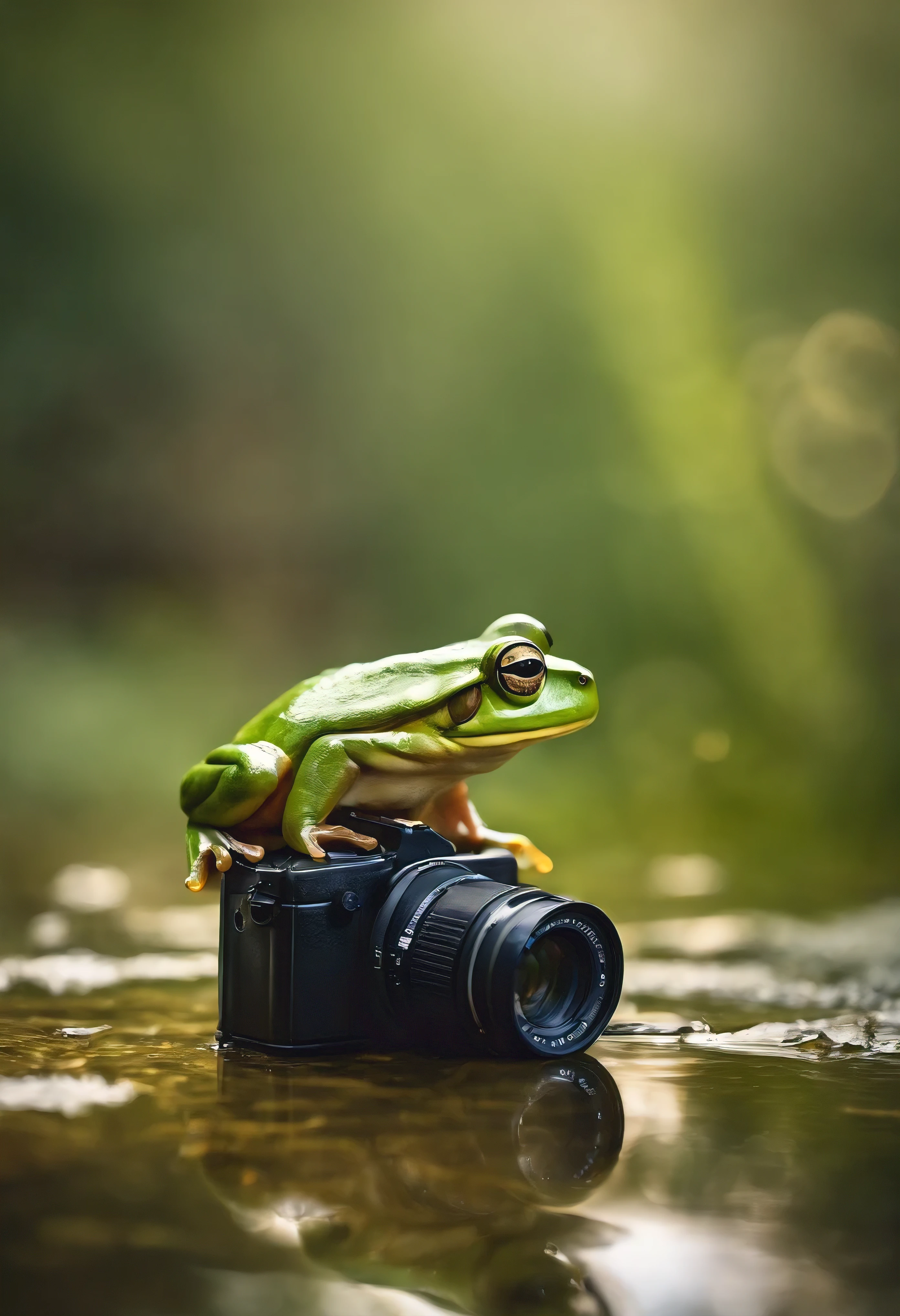watercolor drawing, A beautiful green frog with four on a huge stone next to a large camera lies on a flower meadow in the morning sky with splashes of glowing water.,Magnetic storms, early morning, glowing sky, green frog on a huge stone with a camera lying nearby, Jean-Baptiste Monge, anthropomorphic --ar 2:3 --testp - optimistic; macro photography