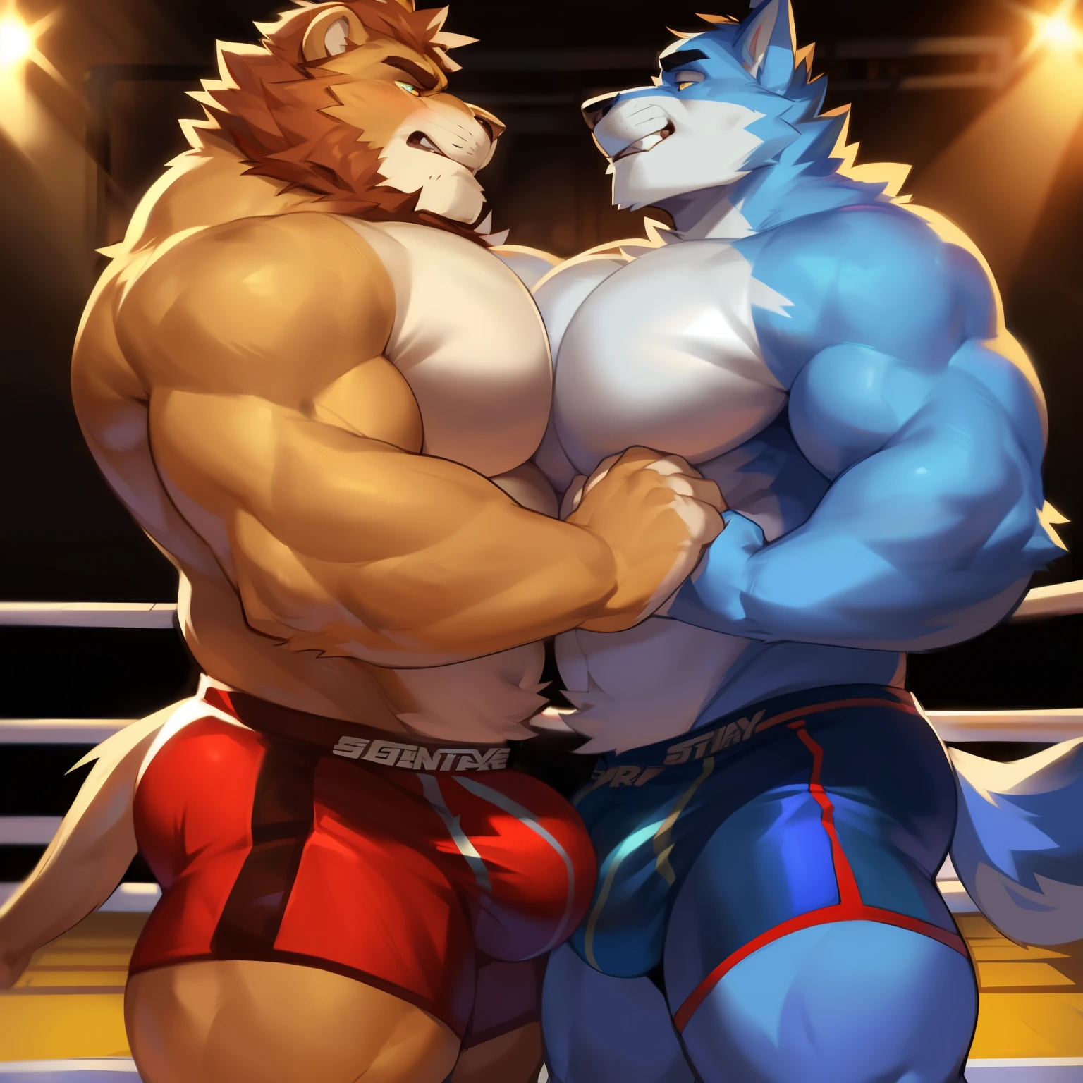 Duel, male, muscular, giant, staredown, enormous, buff, strong, massive biceps, massive pecs, Wolf vs Lion, wearing boxers, massive bulges, detailed bulges, bulge touch, dad bods, angry glares on faces, by darkgem, by mystikfox61, by glitter trap boy, wrestling ring