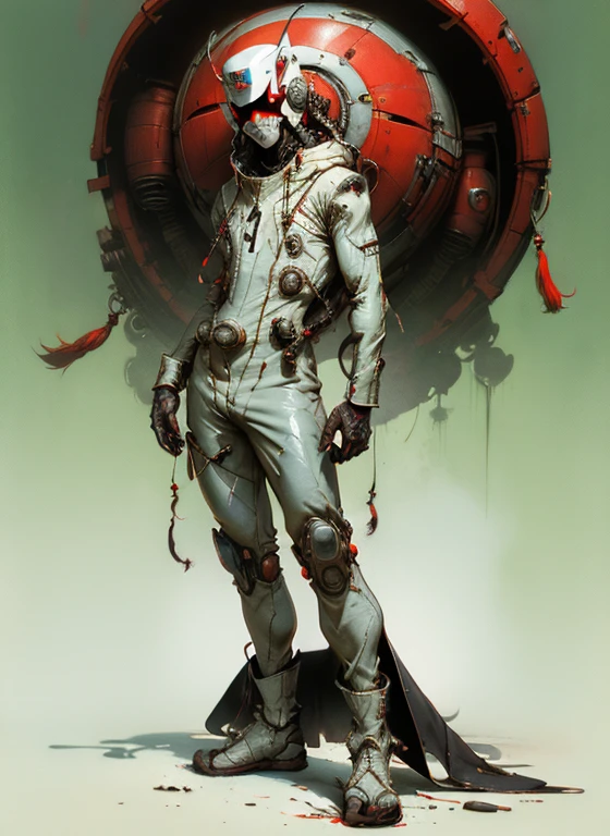perfect proportions, anatomically correct, (head to toe: 2.0), (full body image: 2.0), solo, (Casshern: 1.6), extremely stylized, deviant art, masterpiece, highly detailed, detailed eyes, expressive detailed eyes, detailed pupils, futuristic, ((1950s scifi helmet)), ((pointy helmet)), Rubber Gloss, (flightsuit:1.4), big boots, entire body image, full body shot, nvinkpunk, professional photograph of alexander_skarsgard, tassles, large beads, (large tassels), cyberpunk, inkpunk, paint platter, ink splatter, (action pose:1.0),