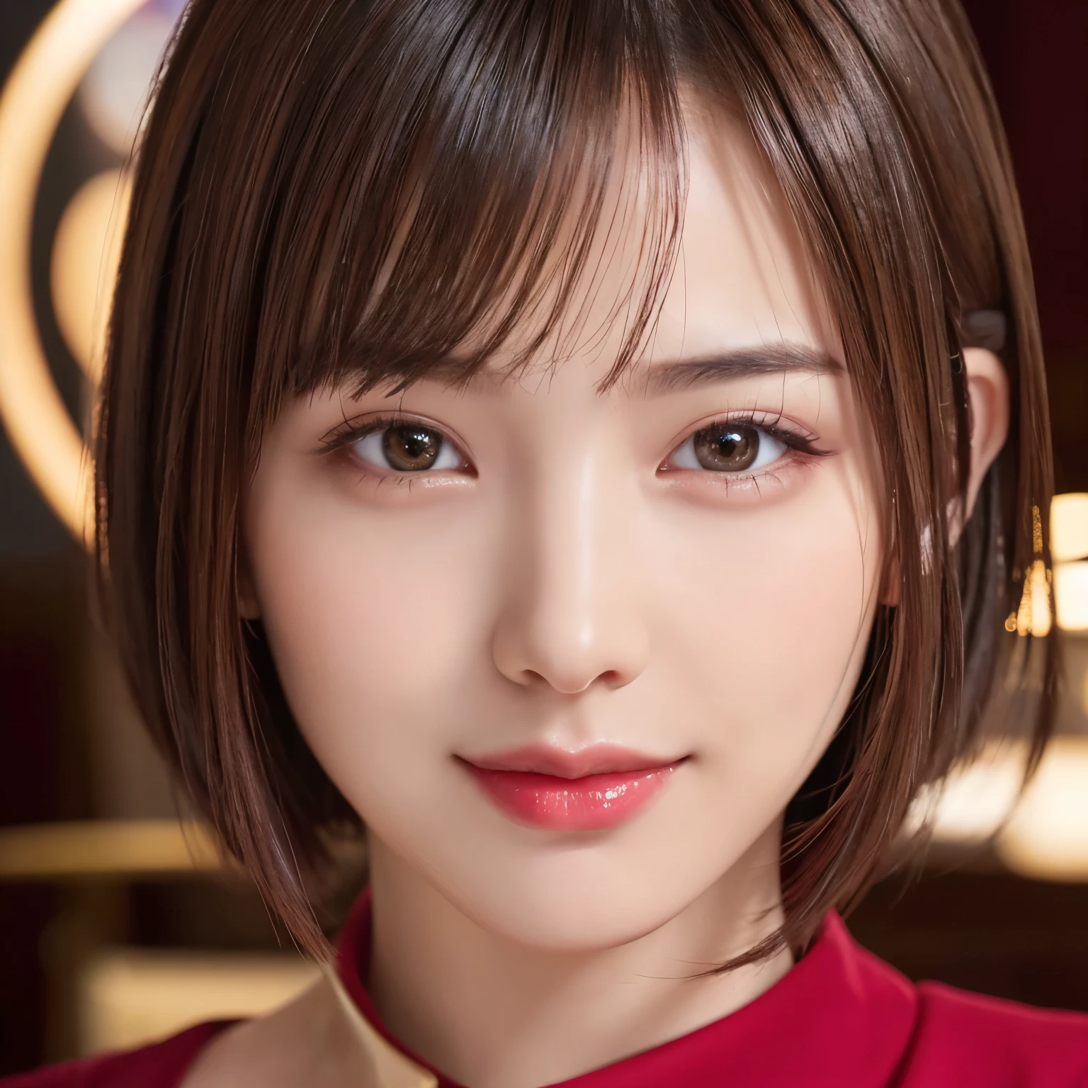 (highest quality、Tabletop、8k、Best image quality、Award-winning works)、(One Girl, 14 years old:1.3)、(Perfect V-neck long knit red sweater:1.2)、(Red eyeshadow:1.2)、Perfect Makeup、Long eyelashes、Ultra-high definition sparkling eyes、Ultra HD Hair、Ultra High Resolution Glossy Lips、Ultra High Resolution Perfect Teeth、Ultra HD cute face、brown hair、(very short straight hair:1.1)、look at me and smile、[clavicle]、Accurate anatomy、(Face close-up:1.5)、Luxury Love Hotel、(The most atmospheric and warm lighting:1.2)、blurred background、With bangs、Ultra-high-definition, shiny, moisturized face、Ultra-high-definition, radiant skin、The most detailed face、Super high resolution detailed faces、ultra high resolution hair、Ultra-high resolution sparkling eyes、Beautiful face drawn in every detail、Ultra high resolution glossy red lips