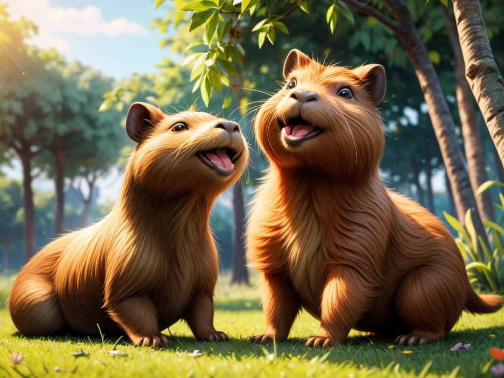 (best quality,highres,masterpiece:1.2),ultra-detailed,realistic, HDR,UHD,photorealistic:1.37,(((a capybara and girl playing together))),beautiful detailed eyes,beautiful detailed lips,longeyelashes,curly hair,wavy hair,cute smile,joyful expression,green grass,sparkling water,tall trees,soft sunlight,playful interaction,harmonious atmosphere,friendly bond,vivid colors,warm color palette,subtle chiaroscuro,portrait photograph aesthetic.
