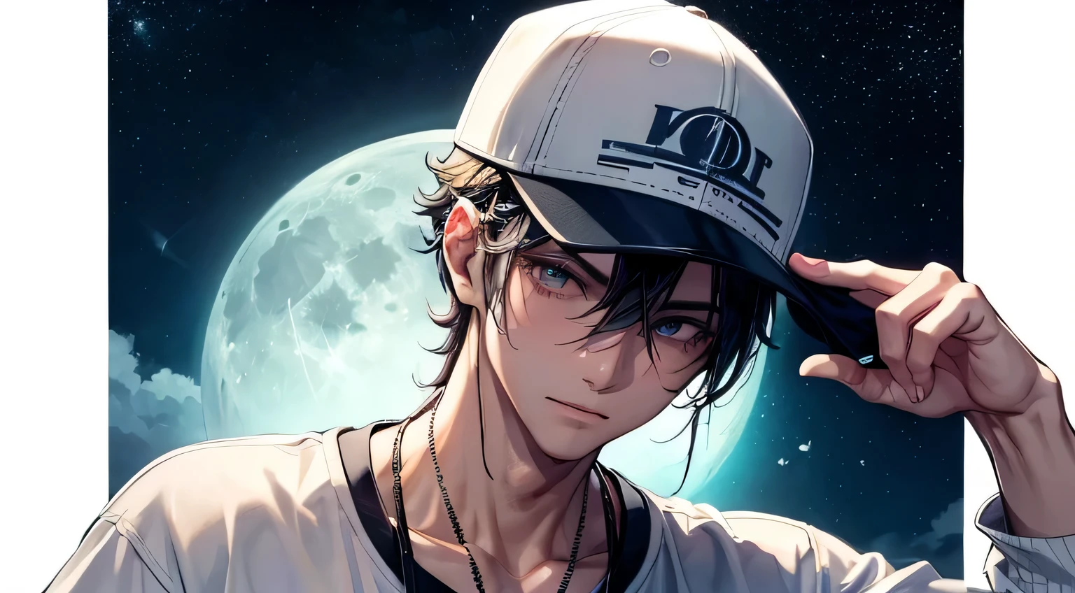 HIP-HOPファッション　male　He is wearing a plain baseball cap pulled down over his eyes.　Full moon and starry sky　skyscraper　neon　Detailed facial expression depiction　Detailed depiction of clothing　Detailed depiction of the day