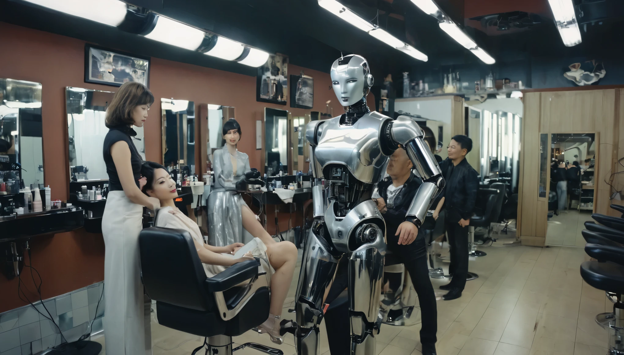 (Best quality, 4k, high resolution: 1.2), wide angle, panoramic, single-lens camera, Hajime Sorayama, sexy robot, fully mechanical, full body, standing in a hair salon in Beijing giving another robot customer a haircut, ambient lighting, super Detail, soft light, Kodak Ektar 100, emotional color, DSLR camera