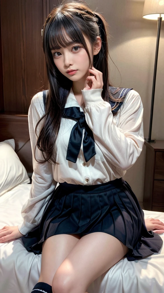 muste piece, best quality, illustration, Super detailed, fine details, High resolution, 8K,wall paper, perfect dynamic composition,(Details High quality, realistic depiction of eyes:1.3), (Sailor Uniform, serafuku, Navy pleated skirt), large breasts,short bob hair, black hair color, Big Natural Color Lip, bold sexy pose, crying a little、cold gaze, Harajuku style、20 year old girl、cute type、ta、beautiful legs, hotel room, hposing Gravure Idol, woman on top, straddling, sitting)