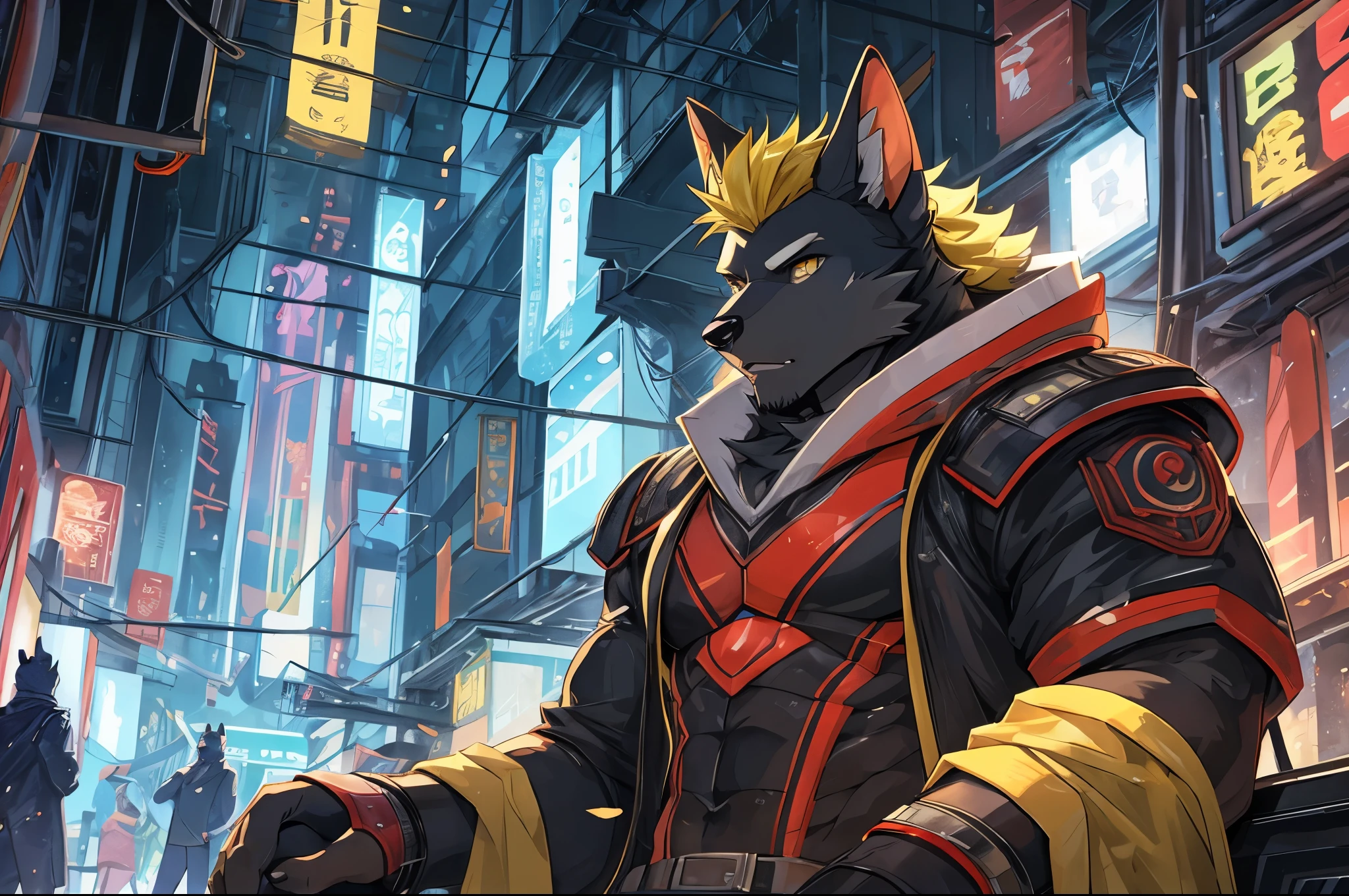 perfect face, bara furry, dog man, big body, black skin, short quiff yellow hair, yellow eyes, perfect eyes, big dog ears, handsome, cyberpunk, in the sky