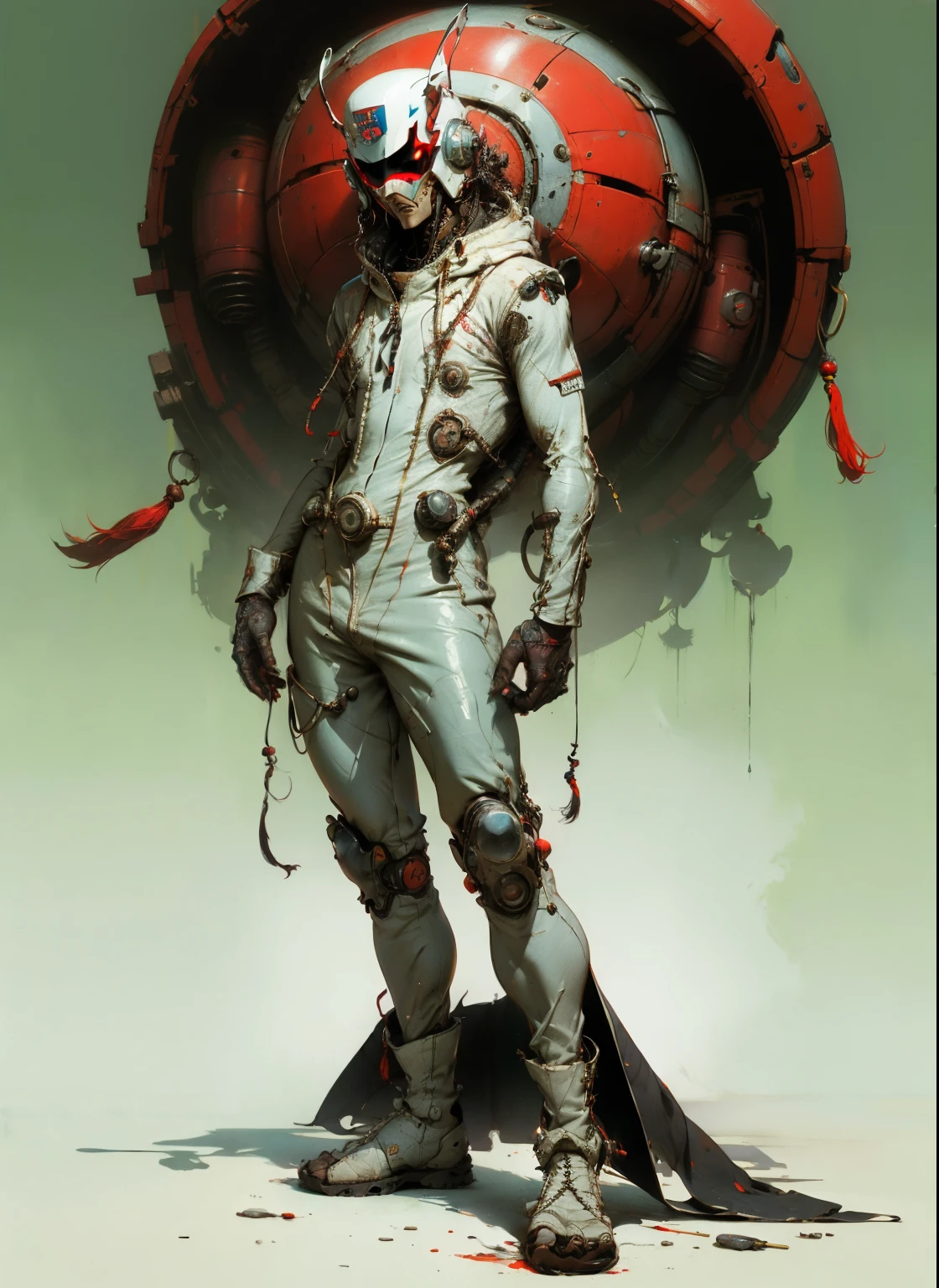 perfect proportions, anatomically correct, (head to toe: 2.0), (full body image: 2.0), solo, (Casshern: 1.6), extremely stylized, deviant art, masterpiece, highly detailed, detailed eyes, expressive detailed eyes, detailed pupils, futuristic, ((1950s scifi helmet)), ((pointy helmet)), Rubber Gloss, (flightsuit:1.4), big boots, entire body image, full body shot, nvinkpunk, professional photograph of alexander_skarsgard, tassles, large beads, (large tassels), cyberpunk, inkpunk, paint platter, ink splatter, (action pose:1.0),