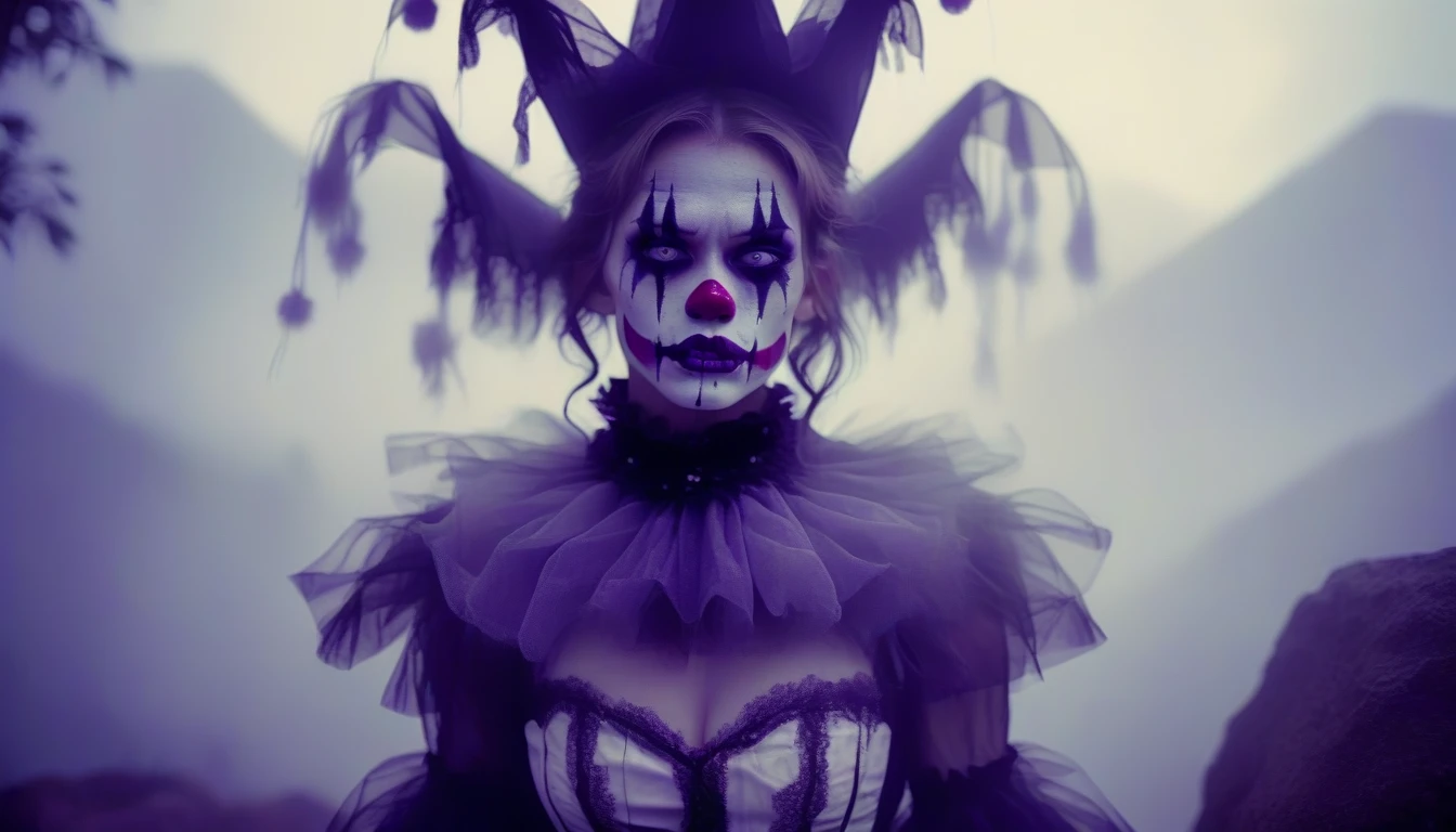 A place with a morbid look that resembles a funeral, (foggy:1.2), silhouetted in soft shadow (closeup face photograph:1.2) (Purple Mountain Majesty clown outfit:1.3) (beautiful supermodel:1.1) hands behind her back, Mouth opened grotesquely wide with long sharp teeth, and crazy eyes, her face fills the entire image, it looks like she is about to bite us, bokeh