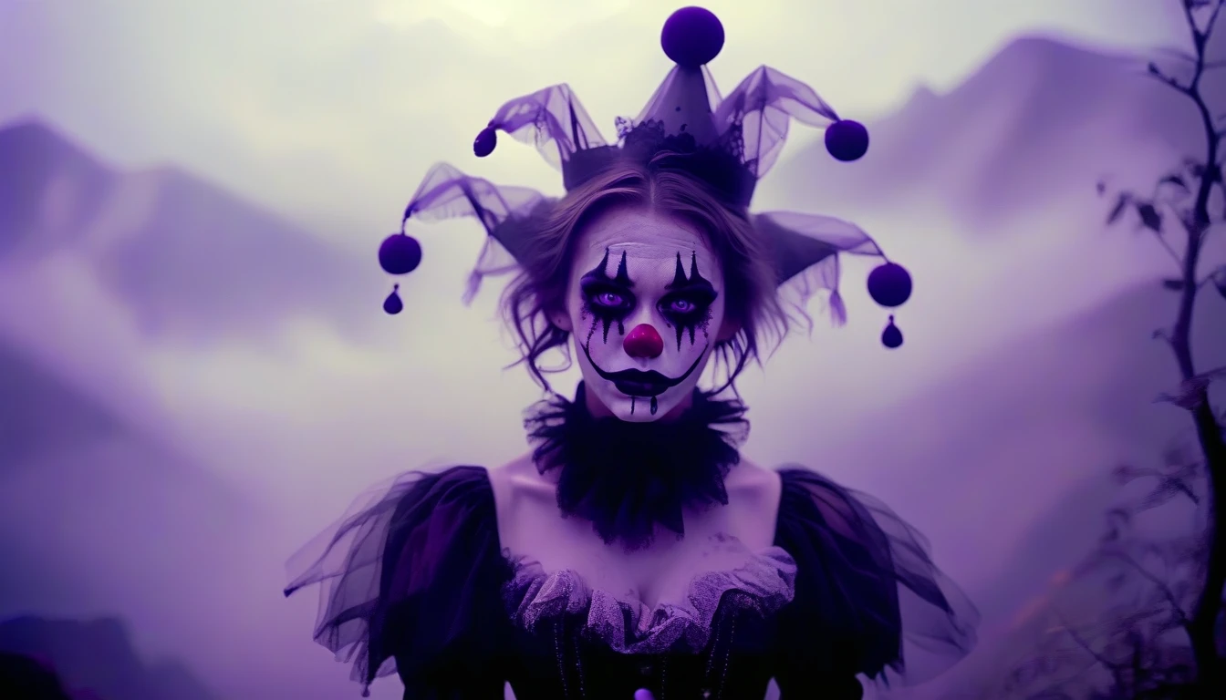 A place with a morbid look that resembles a funeral, (foggy:1.2), silhouetted in soft shadow (closeup face photograph:1.2) (Purple Mountain Majesty clown outfit:1.3) (beautiful supermodel:1.1) hands behind her back, Mouth opened grotesquely wide with long sharp teeth, and crazy eyes, her face fills the entire image, it looks like she is about to bite us, bokeh