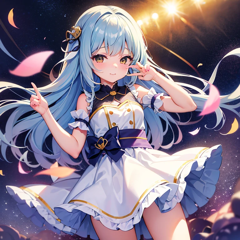32k, best quality, ultra-detailed, high resolution, perfect anatomy, head on, cute girl, cute dress, cute hat, cute smile, colorful background,