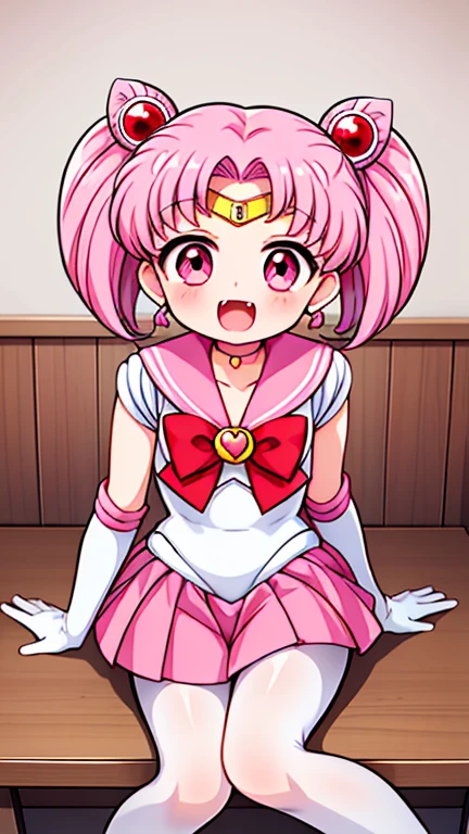 Sailor Moon，young年，***************，cute，（Little Loli），Pink hair twintails，short hair，Sailor Suit，Red bow，White elbow gloves，Red Skirt，No shoes，Open your mouth，laughing out loud，Fangs，(White pantyhose),Sole，Soles，(young)，(****** man)，sit