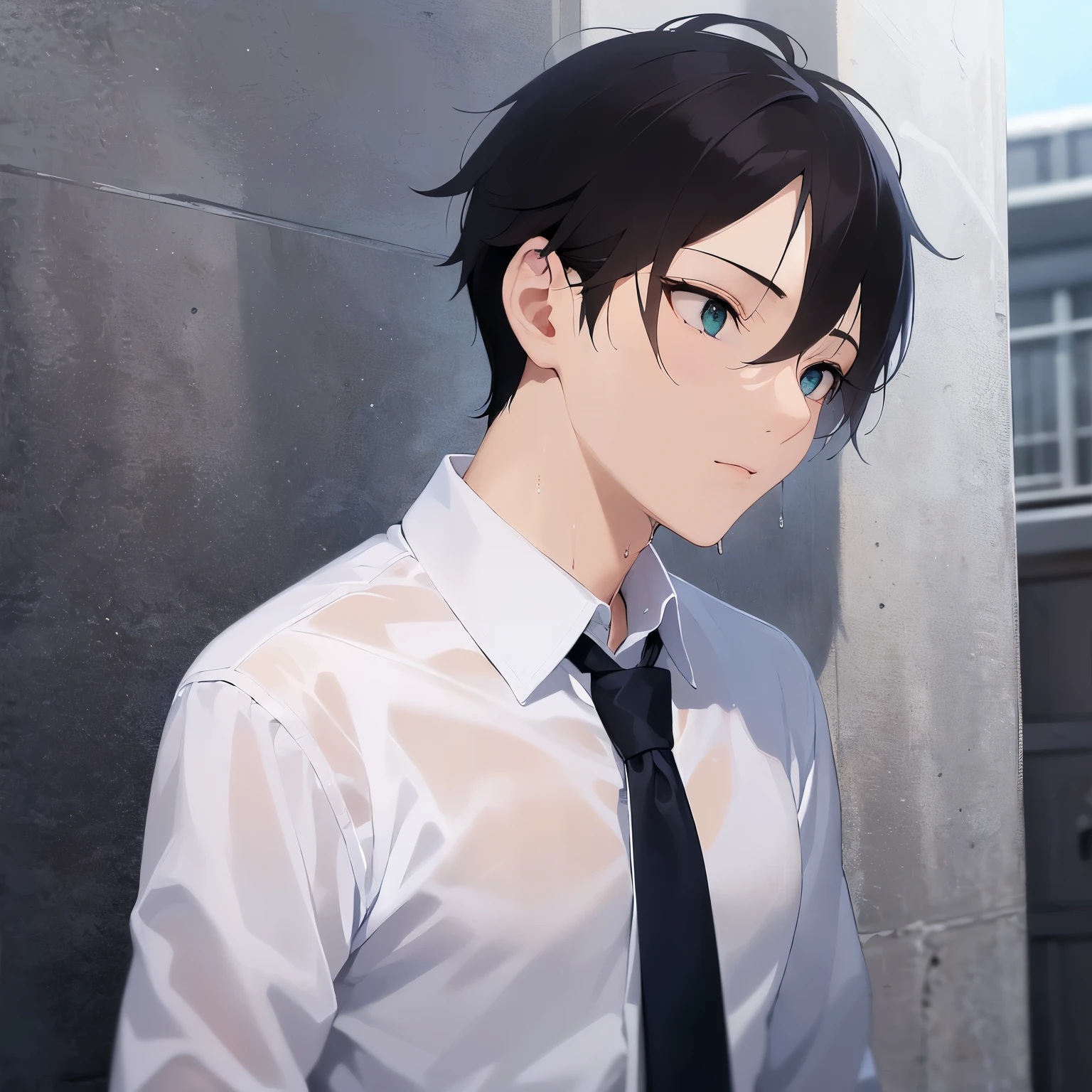 (wet overflow, wet on hair, wet on body, wet on clothes), rain, (looking away:1.5), masterpiece、highest quality、(25-year-old male:1.5) and (Brown short hair) and (Green Eyes), Wearing a white shirt、Wearing a blue tie、Are standing、confused、 The background is outside、(Alone:1.5)、Upper body is shown、