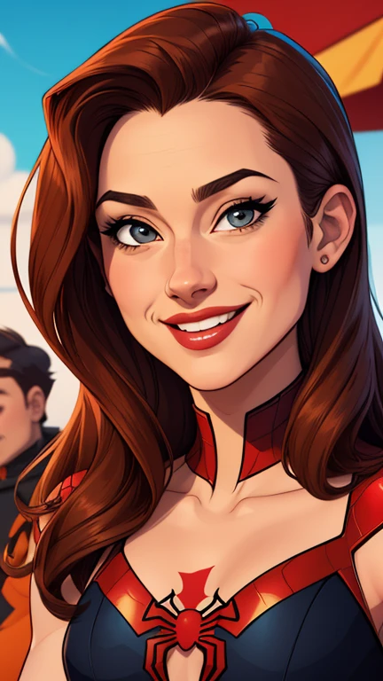 Spider Woman Potter Parker 90s Portrait Mode Together The 3 Characters Cartoon Style Digital Illustration Together Valentine Cartoon Style Character Portrait Mode Cartoon Style Character Facial Expression Happy Beautiful Smile And Six Medium Small Waist Up Portrait Mode
