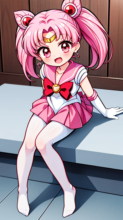 Sailor Moon,young年,Seven years old,cute,(Little Loli),Pink hair twintails,short hair,Sailor Suit,Red bow,White elbow gloves,Red Skirt,No shoes,Open your mouth,laughing out loud,Fangs,(White pantyhose),Sole,Soles,(young),(little man),sit