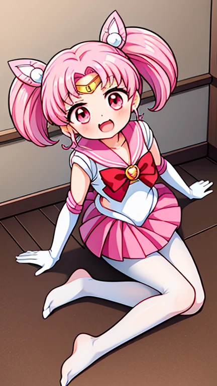 Sailor Moon，young年，，cute，（Little Loli），Pink hair twintails，short hair，Sailor Suit，Red bow，White elbow gloves，Red Skirt，No shoes，Open your mouth，laughing out loud，Fangs，(White pantyhose),Sole，Soles，(young)，(little man)，sit