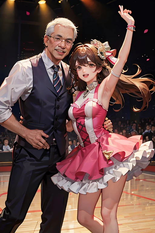 An uncle and a teen girl are dancing.