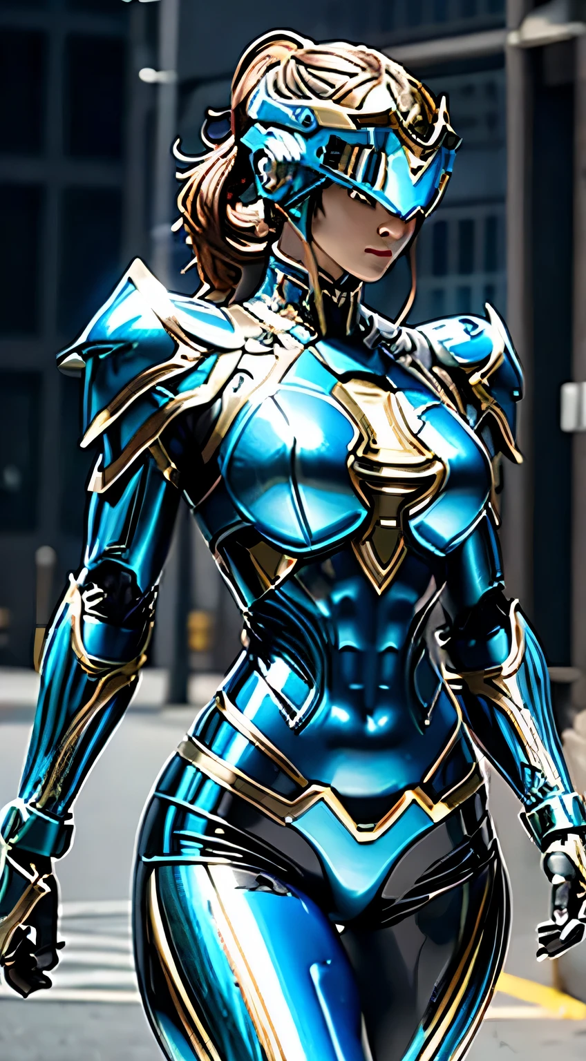 Female Robocop Solo、Bright outdoors、strong light source、8K, high quality, masterpiece, 最high quality、very detailed、Armor that completely covers the whole body、very large armor、Helmet covering the head、clear pictures、The eyes are hidden by thin, straight goggles:1.3、The lower half of the face is raw:1.5、Face exposed from nose down:5.0、Luscious lips、Fluorescent blue metallic armor with thin gold lines、Armor that completely covers the chest、Long, slender legs、Vibrant posel body view,Big and ample breasts:1.5, (Sports Body:1.5)、Five Fingers、Photos in the city