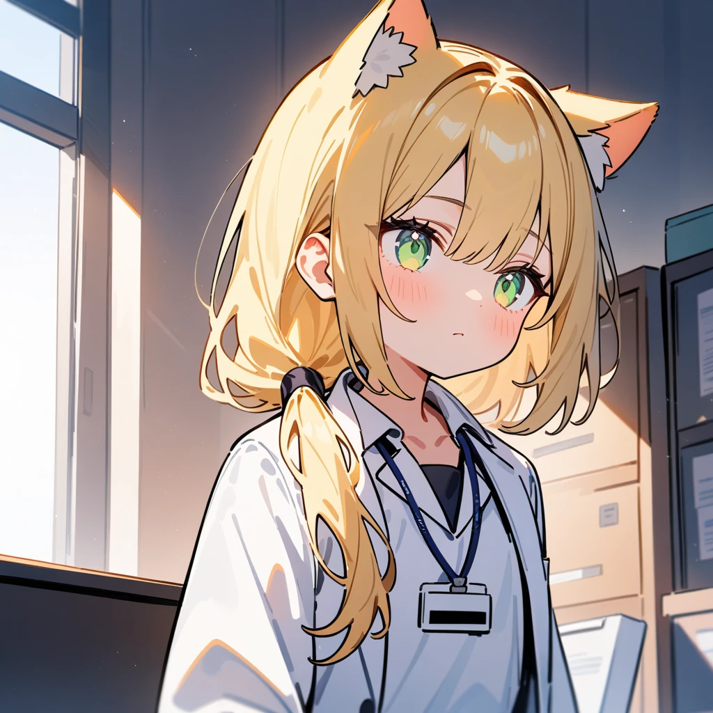 （masterpiece：1.2，high quality），8K，High resolution，A -year-girl，e girl，blonde hair，long hair，light green eyes，low ponytail，cat ears，expressionless eyes，Wearing white doctor uniform，Work ID hanging around neck，Stand in the office，primary scho