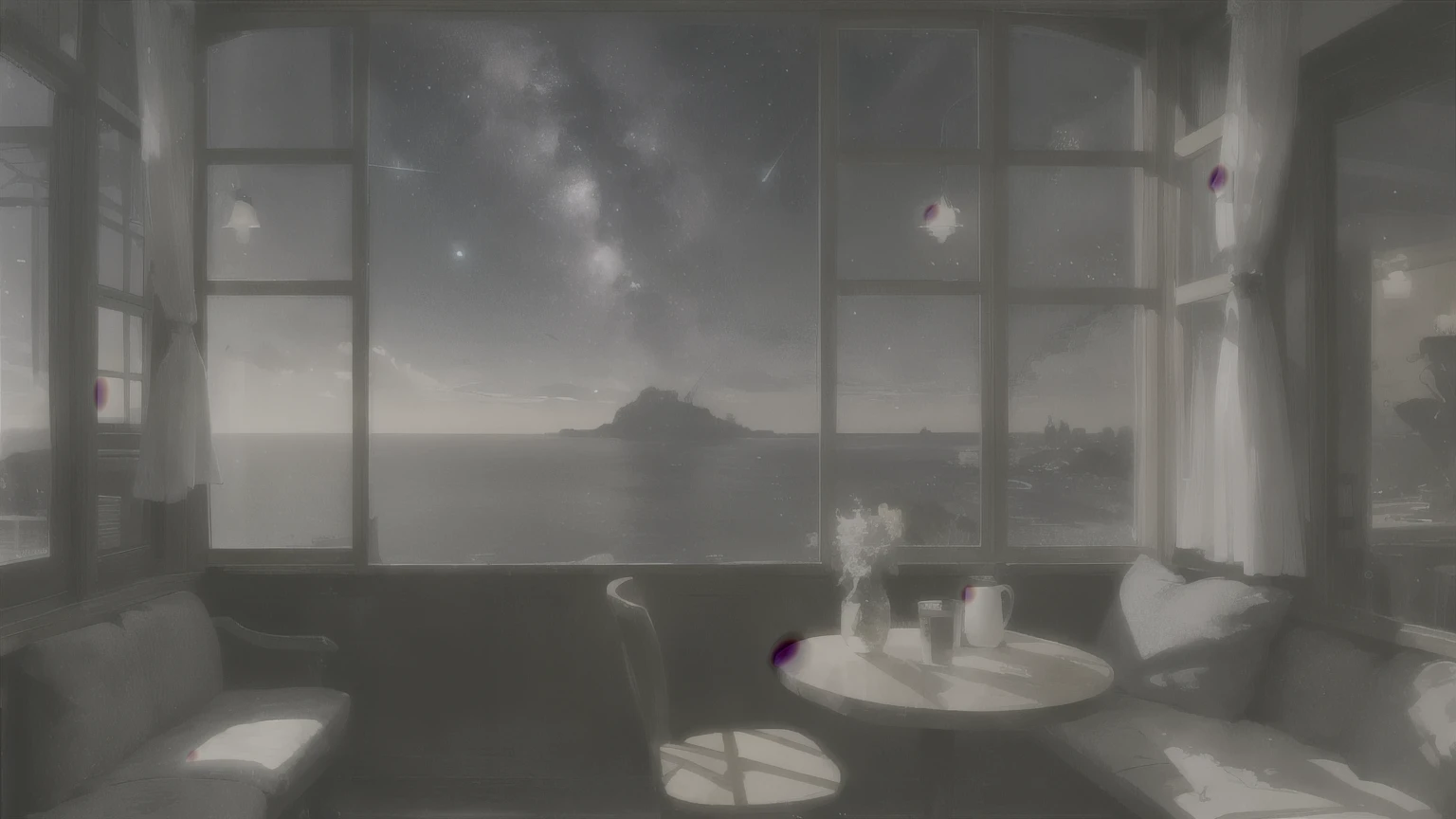 (best quality: 1.5), (very detailed: 1.5), (best quality Photo: 1.5), cafe,One coffee,Outside the window, sea as far as the eye can see, starry sky, meteor, horizon, Peach Black Sea, midnight, midnight, Milky Way, nebula, Particles of Light, very delicate and beautiful, very detailed, occult, cinematic angle, 8K resolution, elegant, perfection, smooth,beautiful girl looking forward,One, very cute, curly,