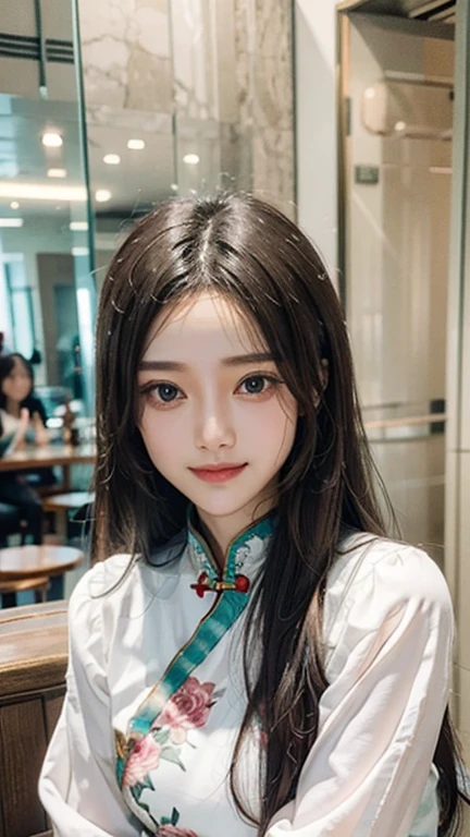 masterpiece, ((1 beautiful girl)), best quality,(Practical: 1.4), RAW photos, red pupils, Movie Lighting, Smile, Asian Beauty, Super beautiful, Beautiful Skin, (Implications), (high resolution), (8k), (Very detailed), (Best Illustration), (Detailed face), Audience watching, Meticulous attention to detail, In the dark of night, deep shadow, Low profile, Purebred face_V1, Smile, White hair, Straight Hair, Side bangs,(pregnant:0.95),((Full body love:1.6)),Exquisite cheongsam,thigh,Western Metal,