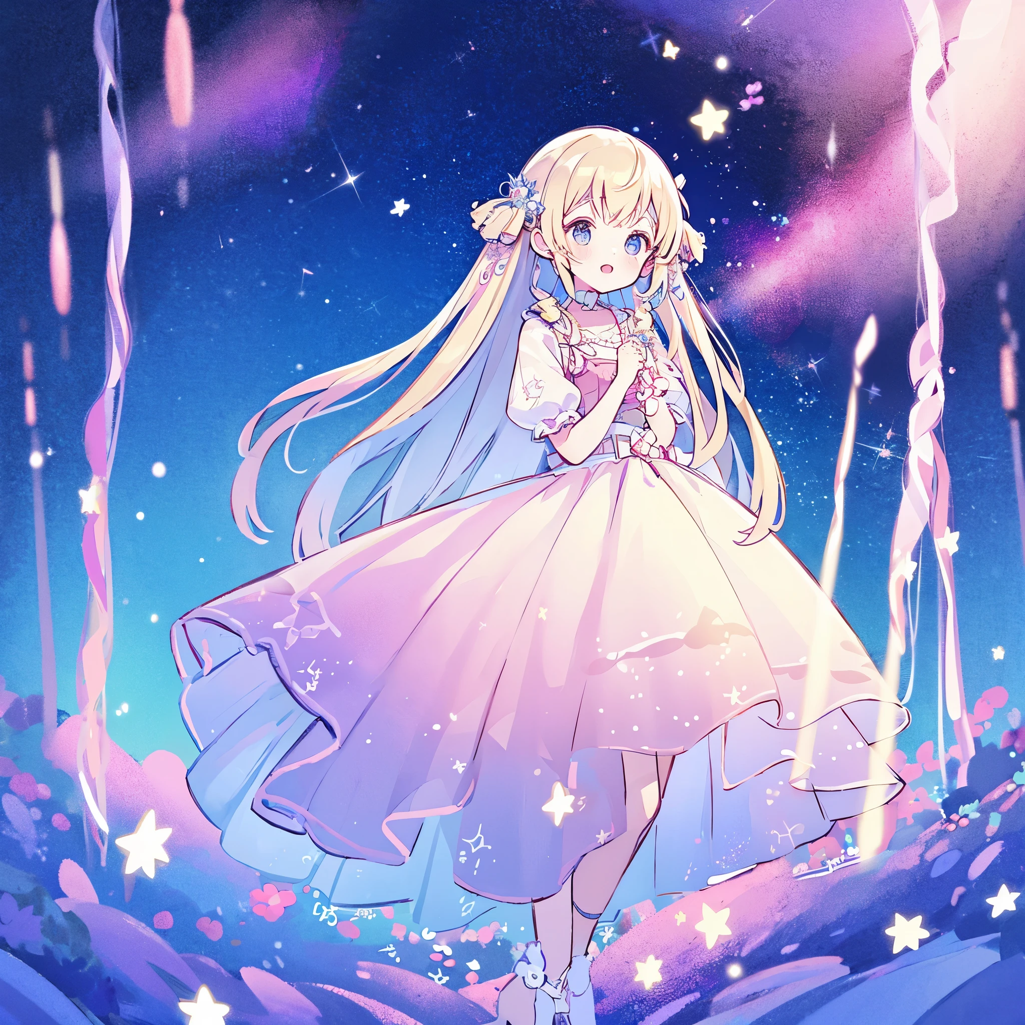 complex background, wishing star background, a woman wearing an ethereal mystical pink translucent dress that reflects the stars, perfume promo art, mystic, complex drawing, highly detailed, Covergirl brand, promo art, artistic rendition, ethereal, starry night, midjourney style