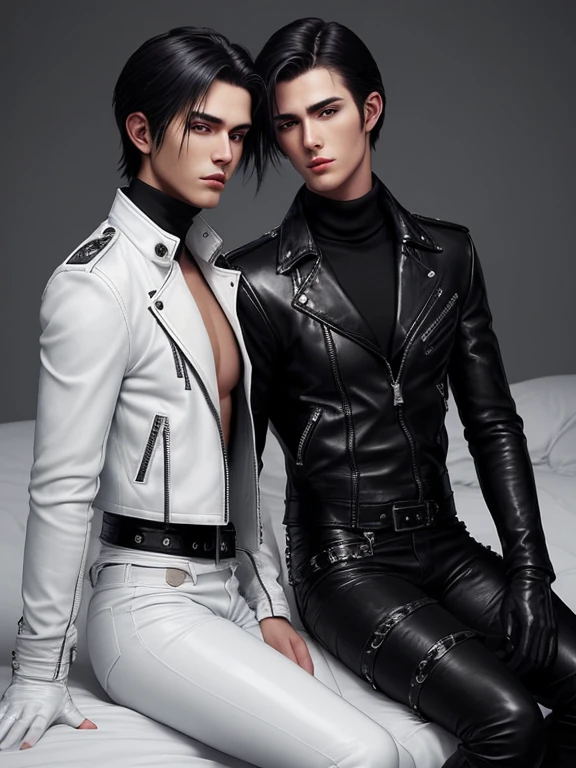 Final Fantasy-style graphics, young, Two cute and cool Japanese boys, Thin eyebrows and big eyes,  Both are wearing shiny white single-breasted leather jackets.。..。Biker style leather jacket、 with epaulettes,  The jacket is zipped up, The jacket pockets are black., The jacket has a high stand-up collar with a belt,They both wore black turtlenecks.., They both wore black leather pants.., Both of them were wearing thin black leather gloves.., They both wore black leather knee-high lace-up boots.., Please show me your whole body, Both of you, From head to toe., Final Fantasy Style、((Two handsome guys))、((Clear eyes and nose))、((Shiny white single leather jacket))、((The jacket must be white))((The jacket has epaulettes))、((The jacket has a high stand-up collar and a belt.))、((The jacket has a black pocket))、((Black turtleneck shirt))、((Shiny black leather pants))、((Shiny black leather gloves on both hands))、((Black lace-up leather long boots))、((They&#39;re both dressed exactly the same))、((View the whole body image from a distance))、Realistic image quality and texture、In a small cell、close your eyes、Has a gentle smile、((The jacket is closed with a zipper))、((No exposed skin below the neck))、((Sitting on the bed))、((The two of them huddled together))