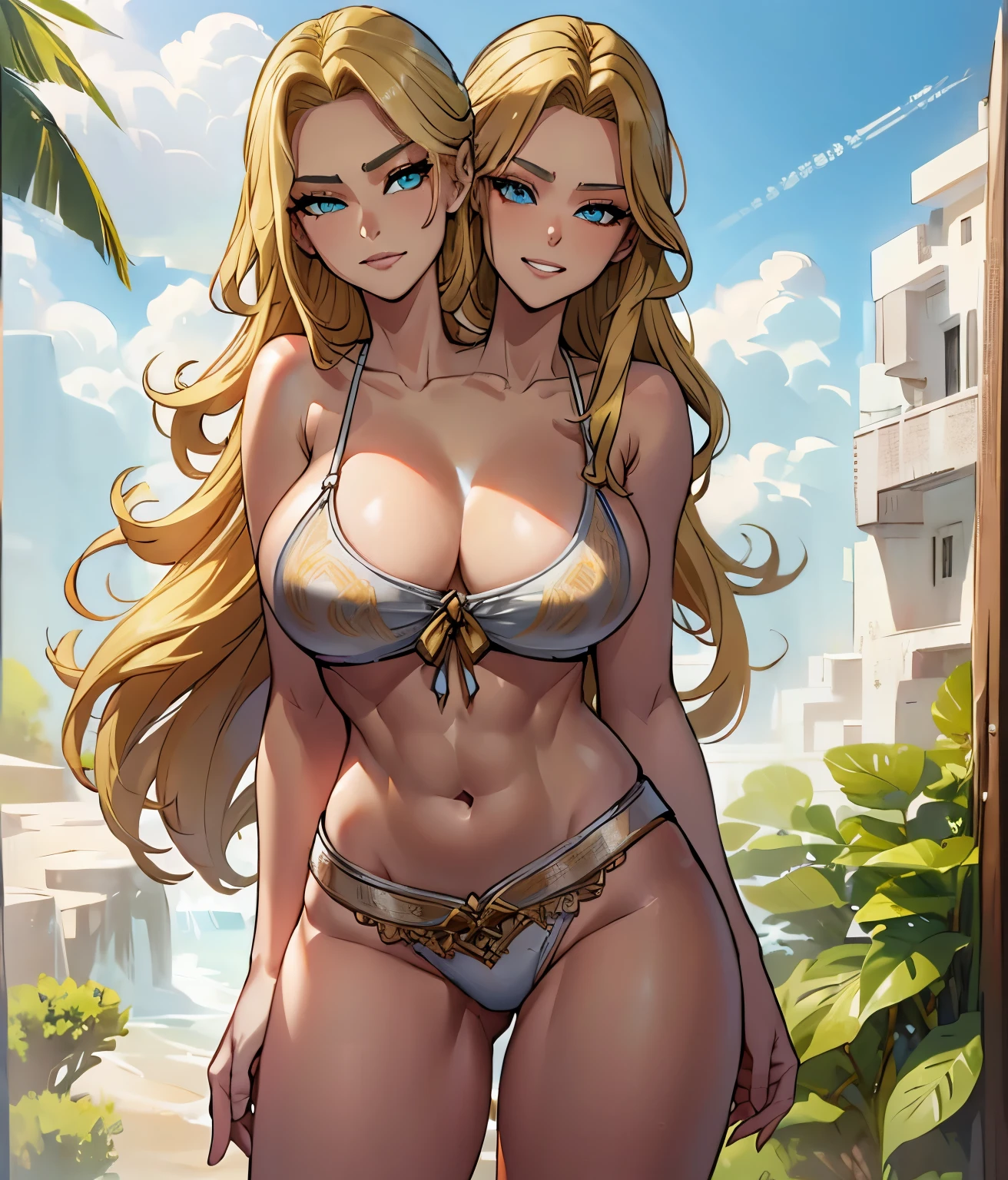 two heads, conjoined_dicephalus, a fit woman with two heads. On a beach. Gigantic round breasts, huge breasts, massive breasts, enormous breasts, perfectly round breasts, huge tits, massive tits. Wearing a colorful skimpy bikini. Gold jewelry, large hoop earrings. Young, e-girl, girlfriend. Long hair, blonde. Gorgeous face. Smiling. Blushing. Seductive. Thick eyeliner. Lipstick. Eyeshadow. E-girl. Smug expression. Cocky expression. Perfectly round breasts. Seductive pose. Slutty.