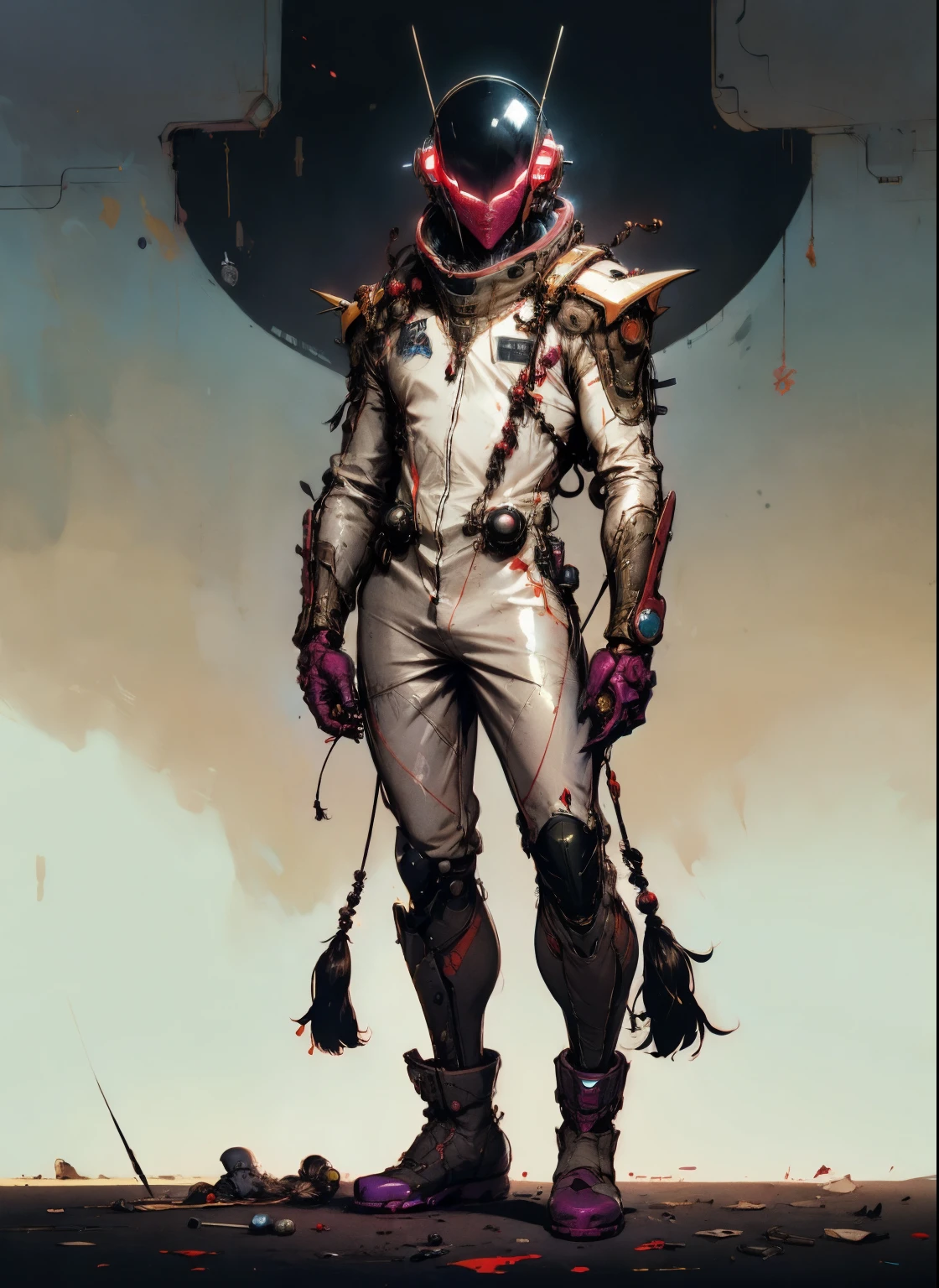 perfect proportions, anatomically correct, (head to toe: 2.0), (full body image: 2.0), solo, (Casshern: 1.6), extremely stylized, deviant art, masterpiece, highly detailed, detailed eyes, expressive detailed eyes, detailed pupils, futuristic, ((1950s scifi helmet)), ((pointy helmet)), Rubber Gloss, (flightsuit:1.4), big boots, entire body image, full body shot, nvinkpunk, professional photograph of alexander_skarsgard, tassles, large beads, (large tassels), cyberpunk, inkpunk, paint platter, ink splatter, (action pose:1.0),