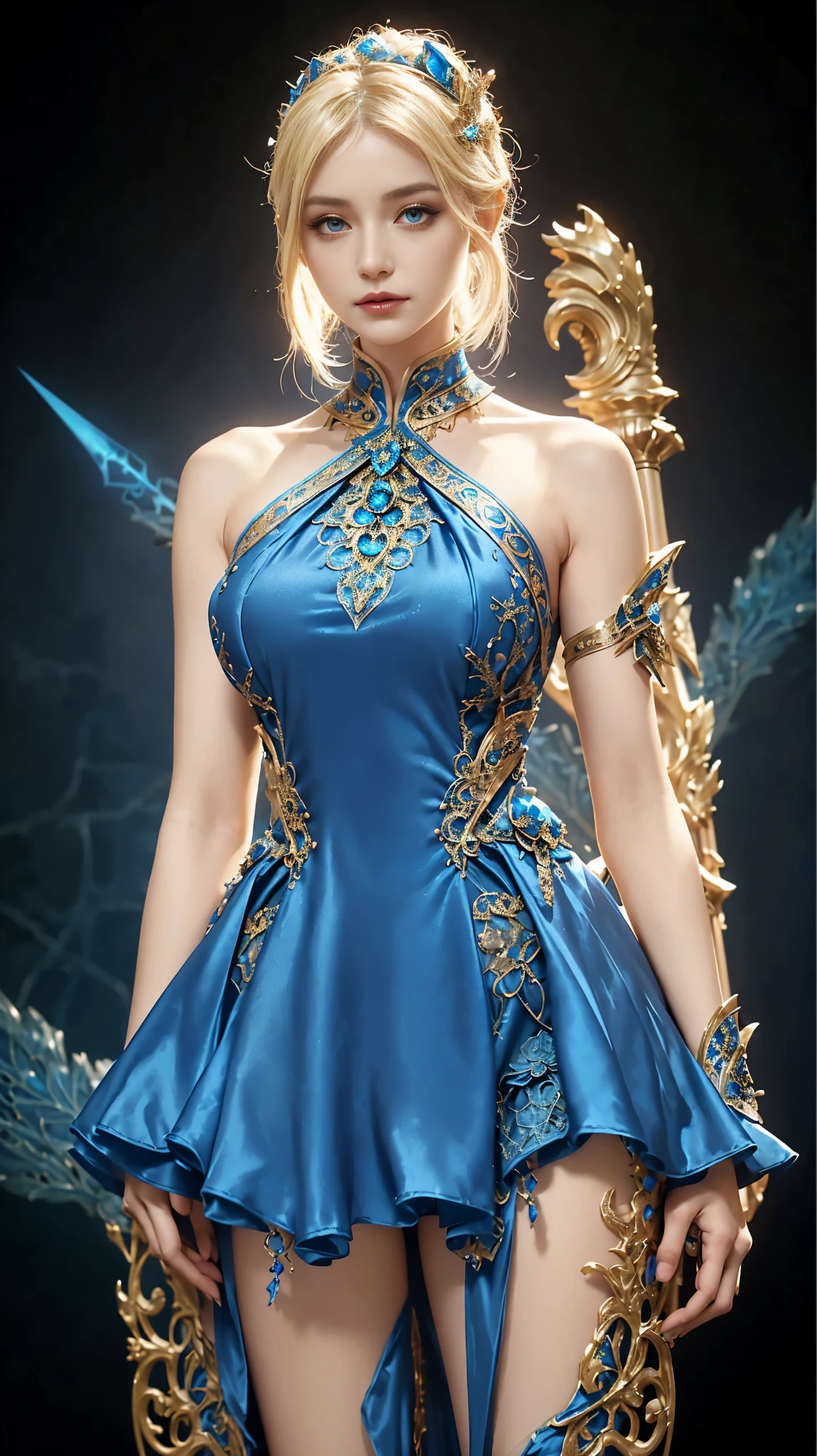 a close up of a woman in a blue dress with a sword, alluring mesmer woman, fantasy outfit, fantasy dress, azure. detailed hair, wearing fantasy formal clothing, fantasy long intricate gown, clothes themed on a peacock mage, ornate attire, detailed dress, intricate fantasy dress, intricate outfit, blonde elvish empress, cloud mage robes