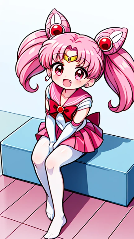 Sailor Moon,young年,Seven years old,cute,(Little Loli),Pink hair twintails,short hair,Sailor Suit,Red bow,White elbow gloves,Red Skirt,No shoes,Open your mouth,laughing out loud,Fangs,(White pantyhose),Sole,Soles,(young),(little man),sit
