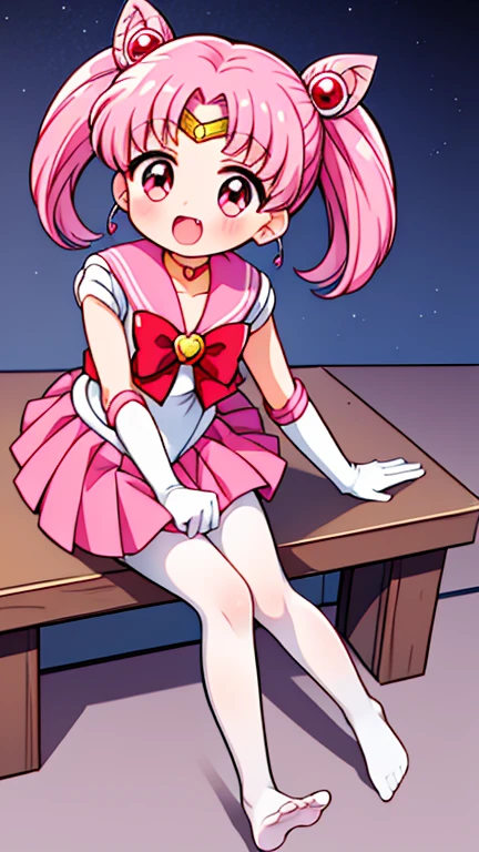 Sailor Moon，young年，***************，cute，（Little Loli），Pink hair twintails，short hair，Sailor Suit，Red bow，White elbow gloves，Red Skirt，No shoes，Open your mouth，laughing out loud，Fangs，(White pantyhose),Sole，Soles，(young)，(****** man)，sit